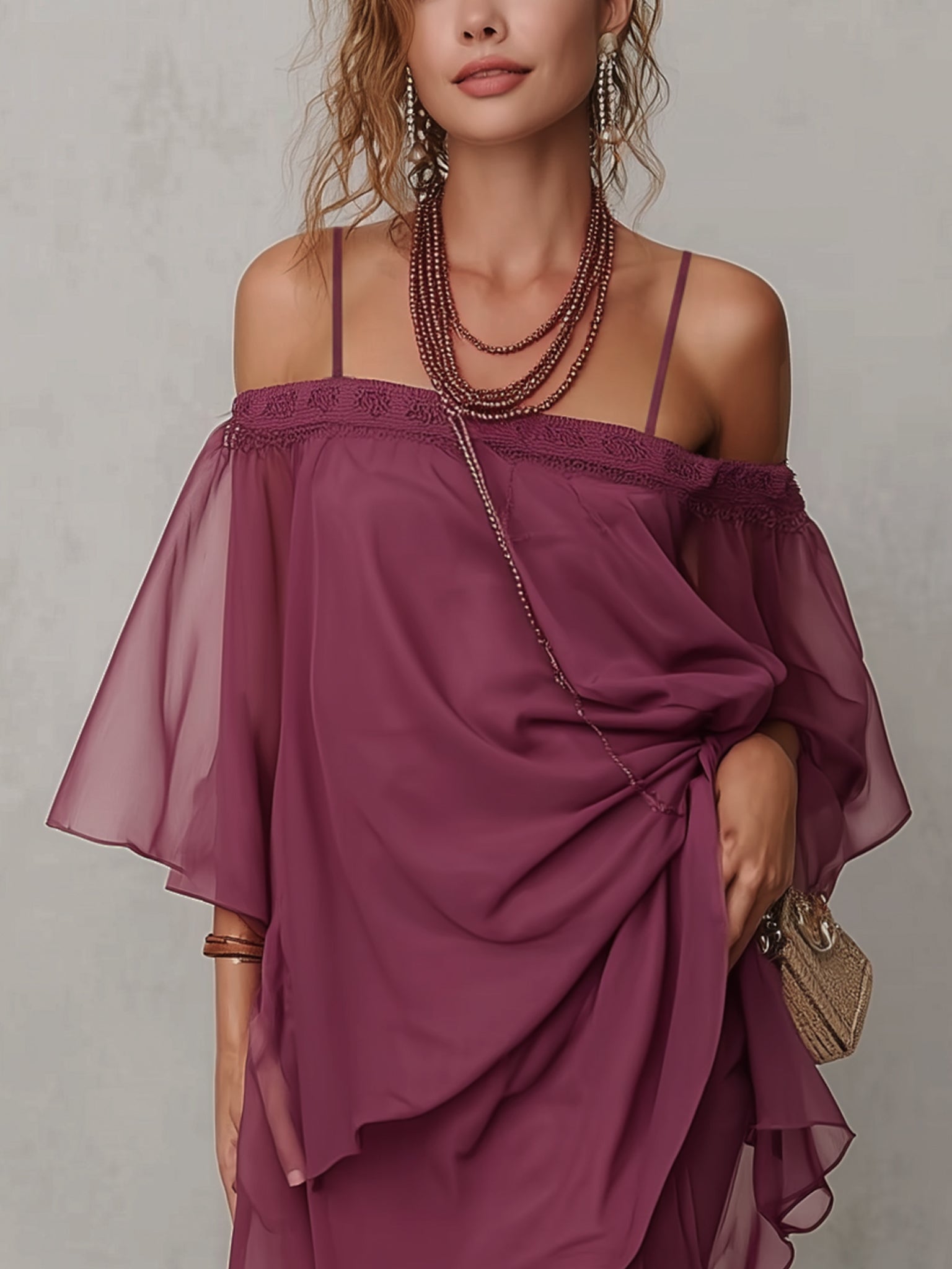 Purple Off Shoulder Chiffon Mini Dress