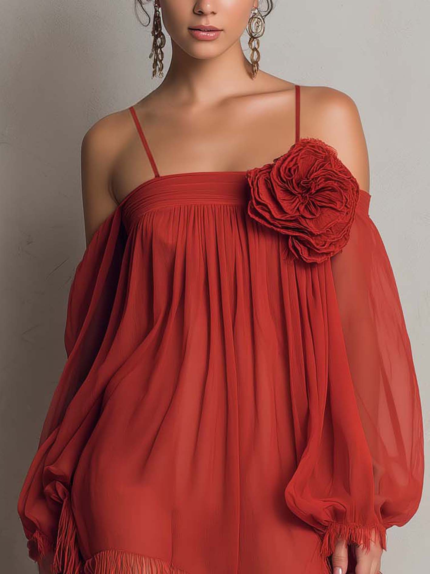 Terracotta Chiffon Off-Shoulder Mini Dress With 3D Floral And Fringe Hem
