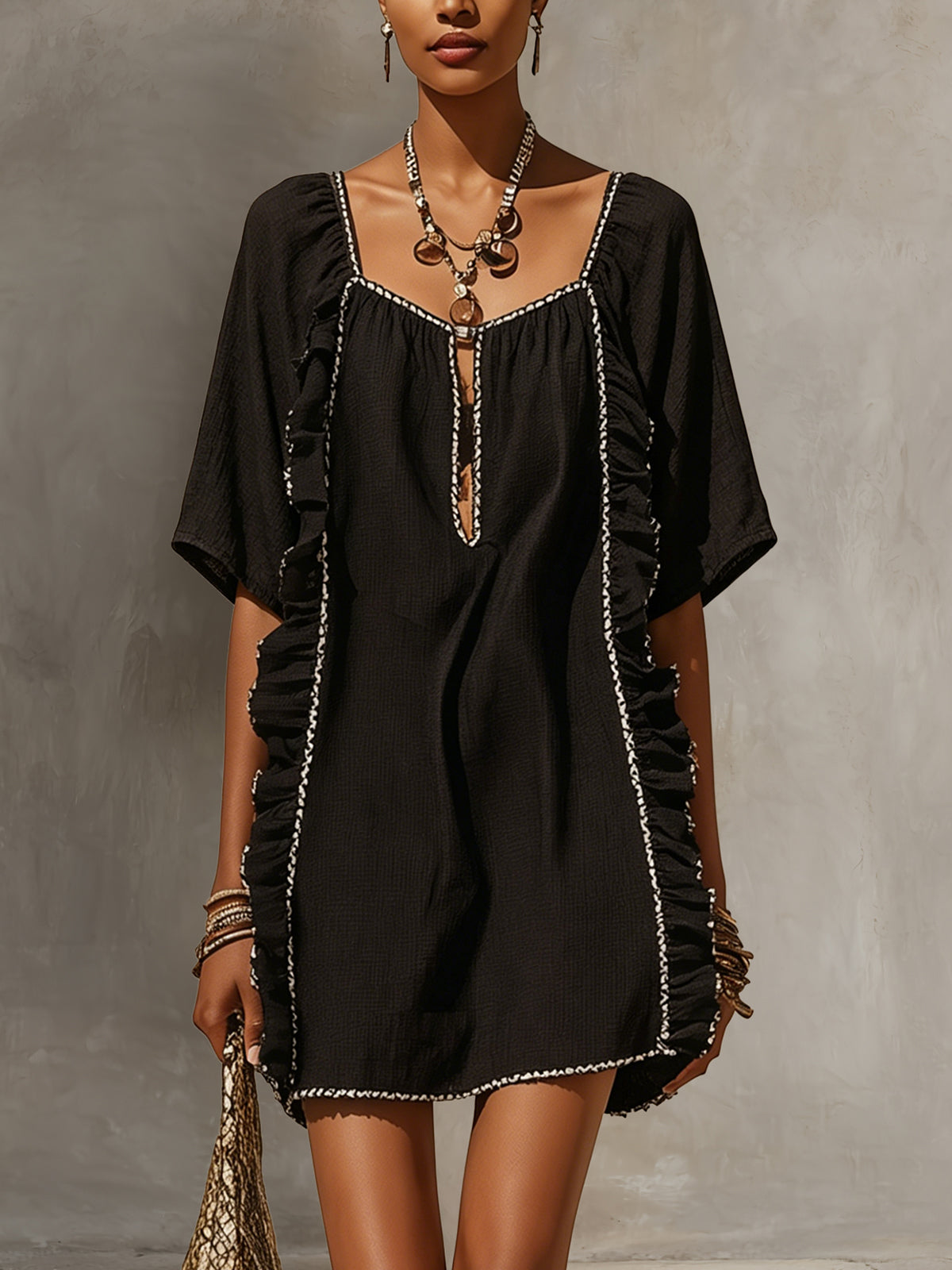 Black Ruffled Boho Mini Dress With Contrast Trim