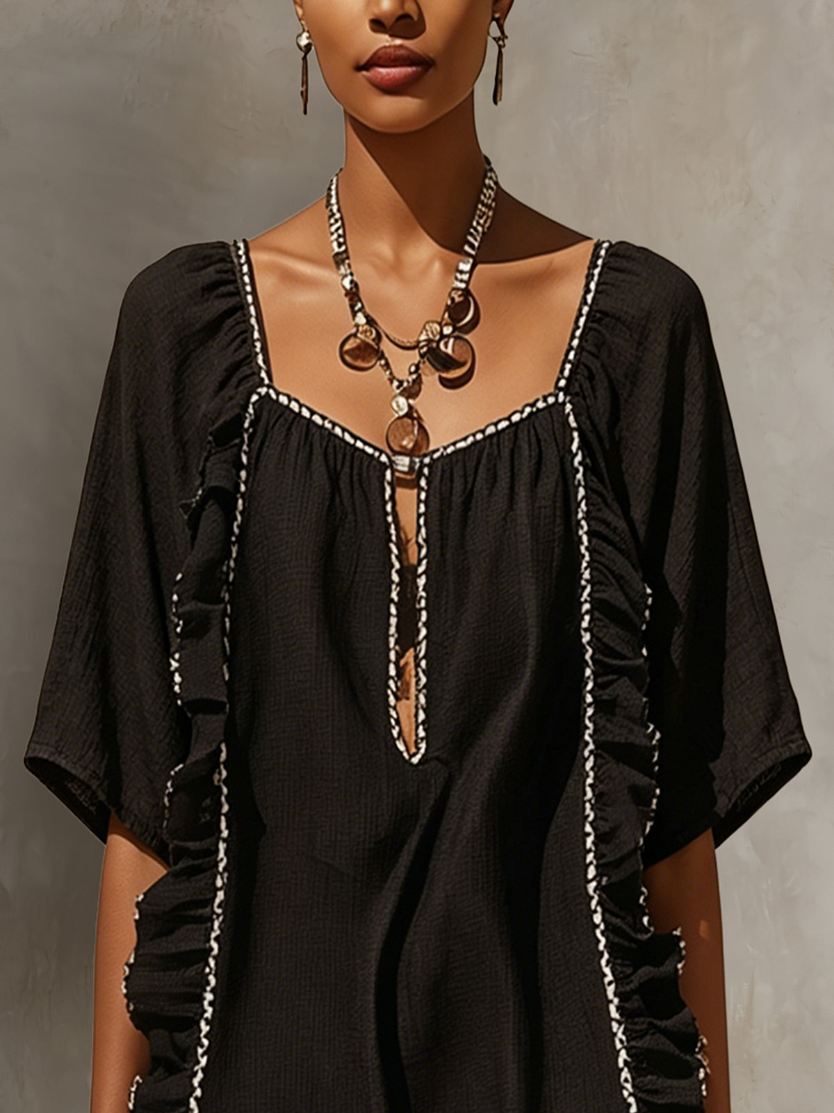 Black Ruffled Boho Mini Dress With Contrast Trim