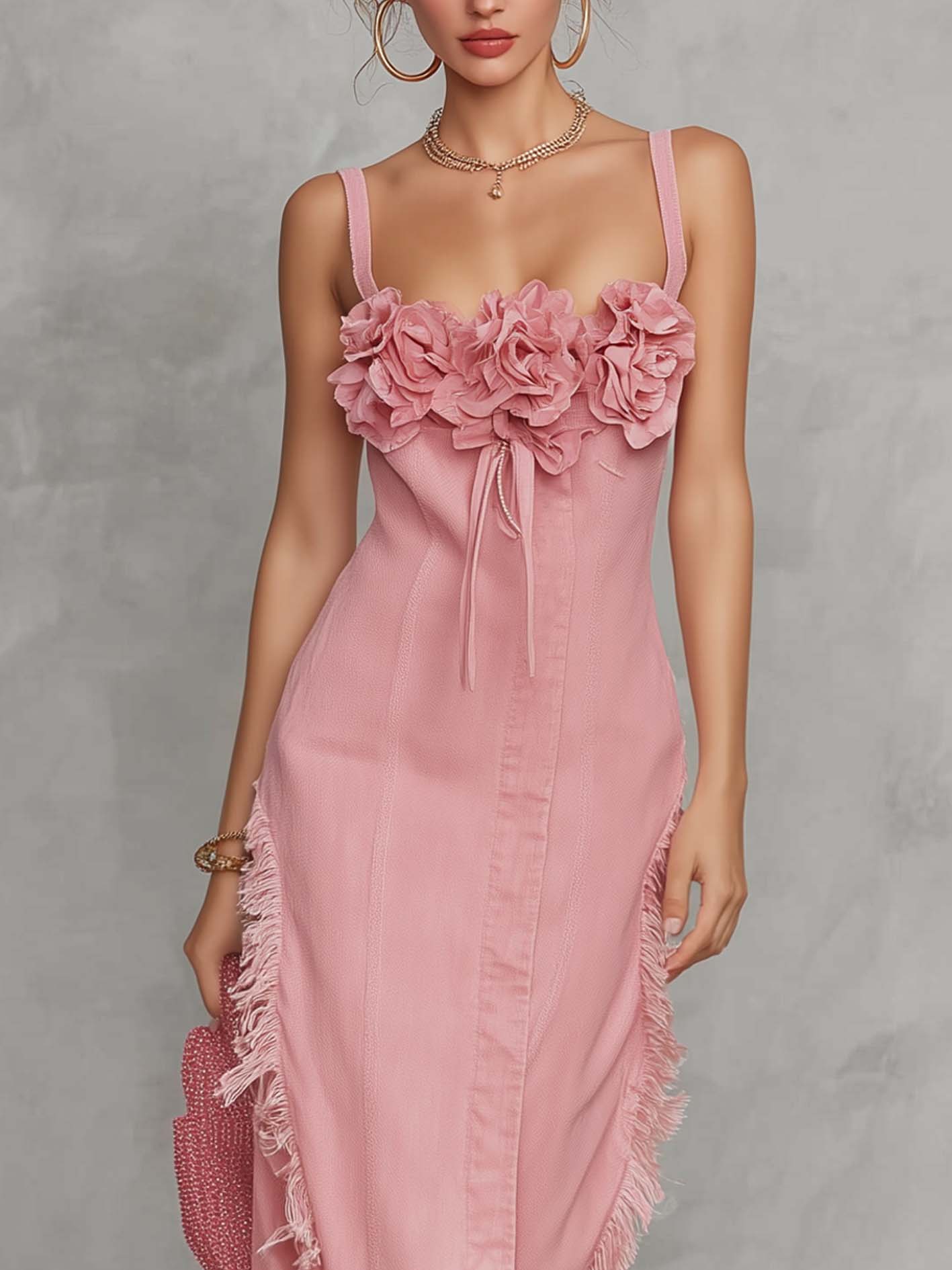 Pink Denim Maxi Dress With 3D Floral And Fringed Trim