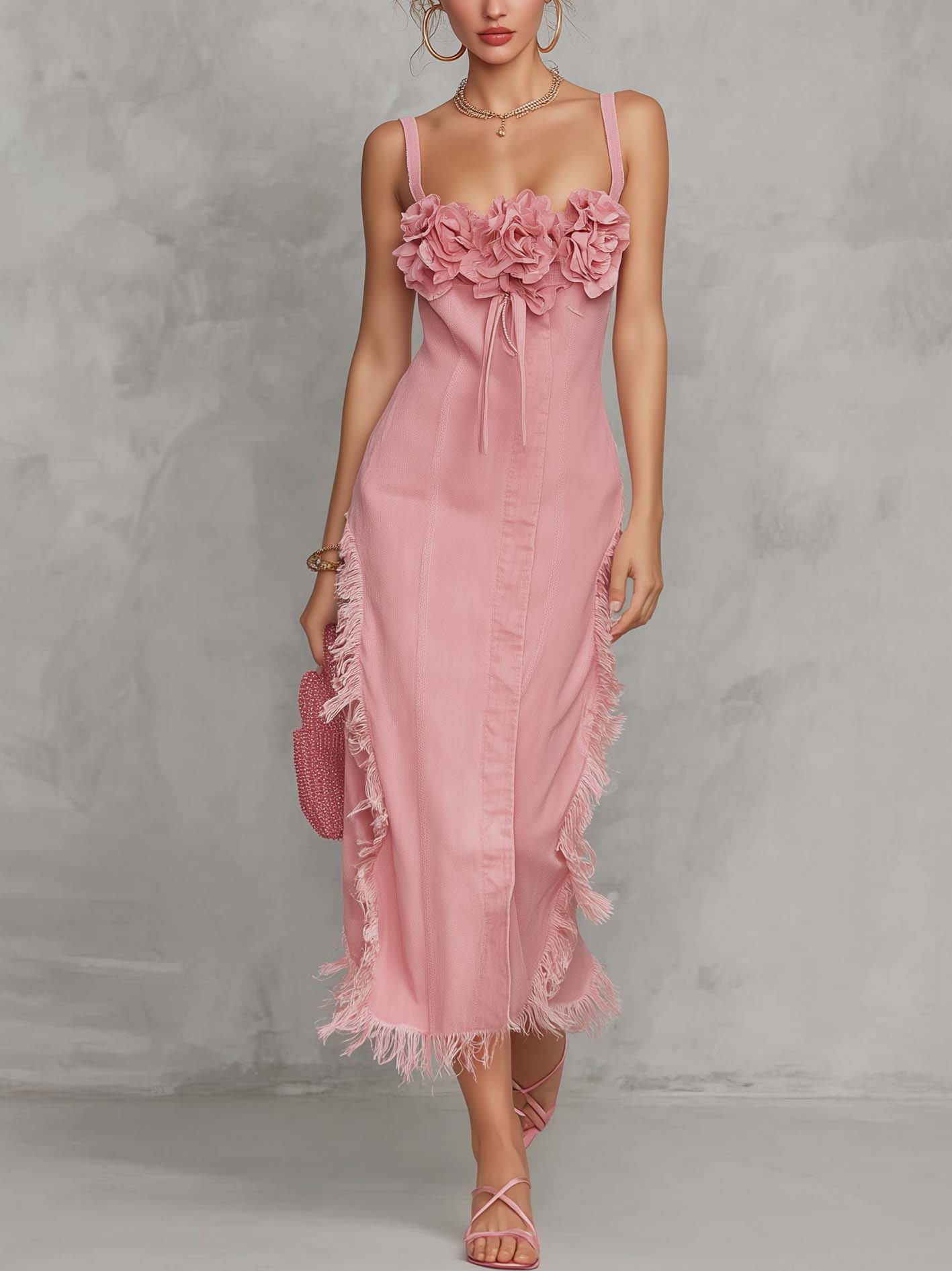 Pink Denim Maxi Dress With 3D Floral And Fringed Trim