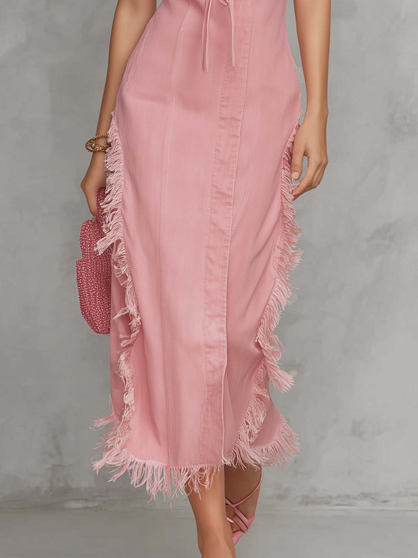 Pink Denim Maxi Dress With 3D Floral And Fringed Trim