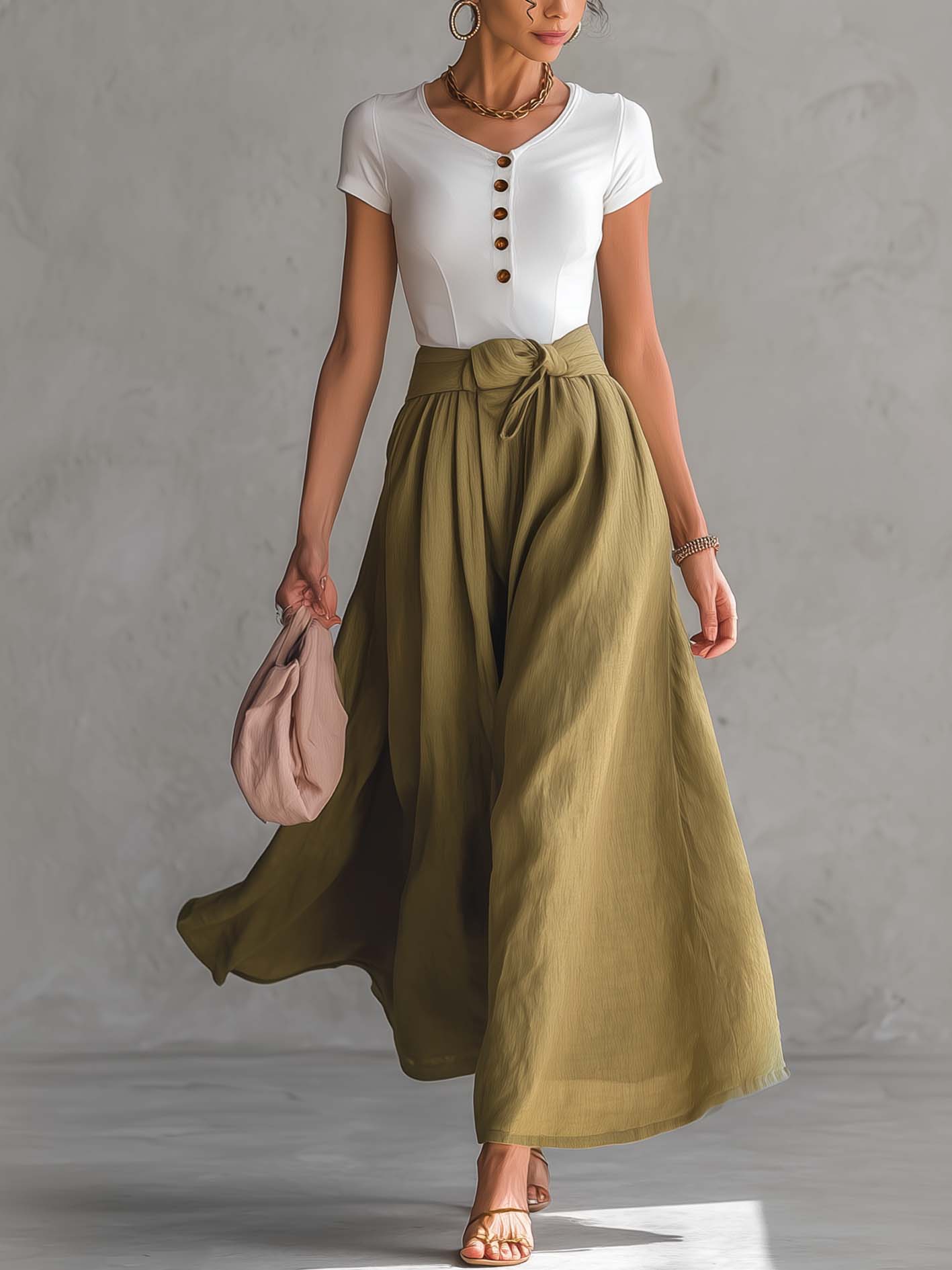 White Button Front T-Shirt And Olive Green Linen Blend Skirt Set