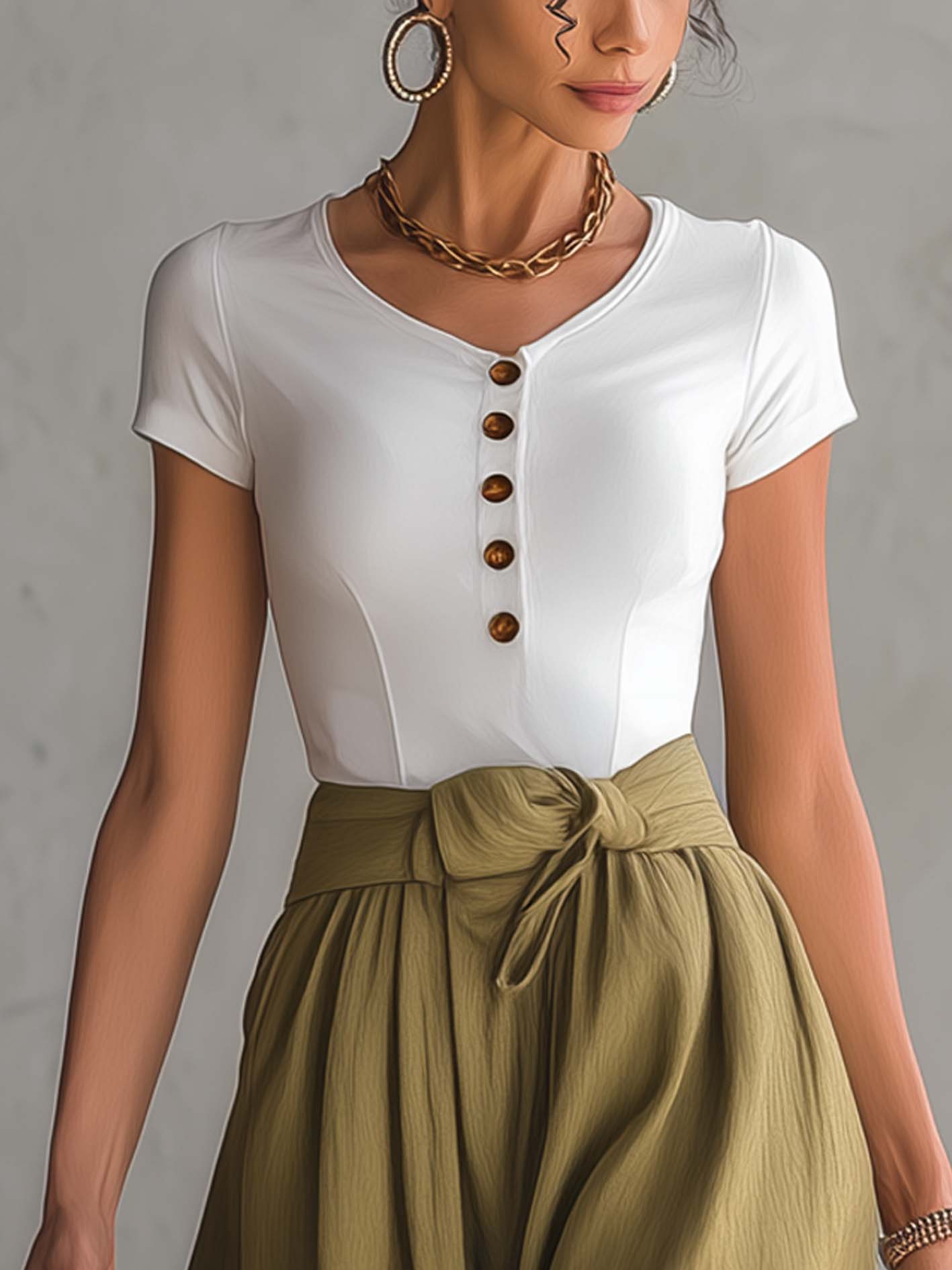 White Button Front T-Shirt And Olive Green Linen Blend Skirt Set