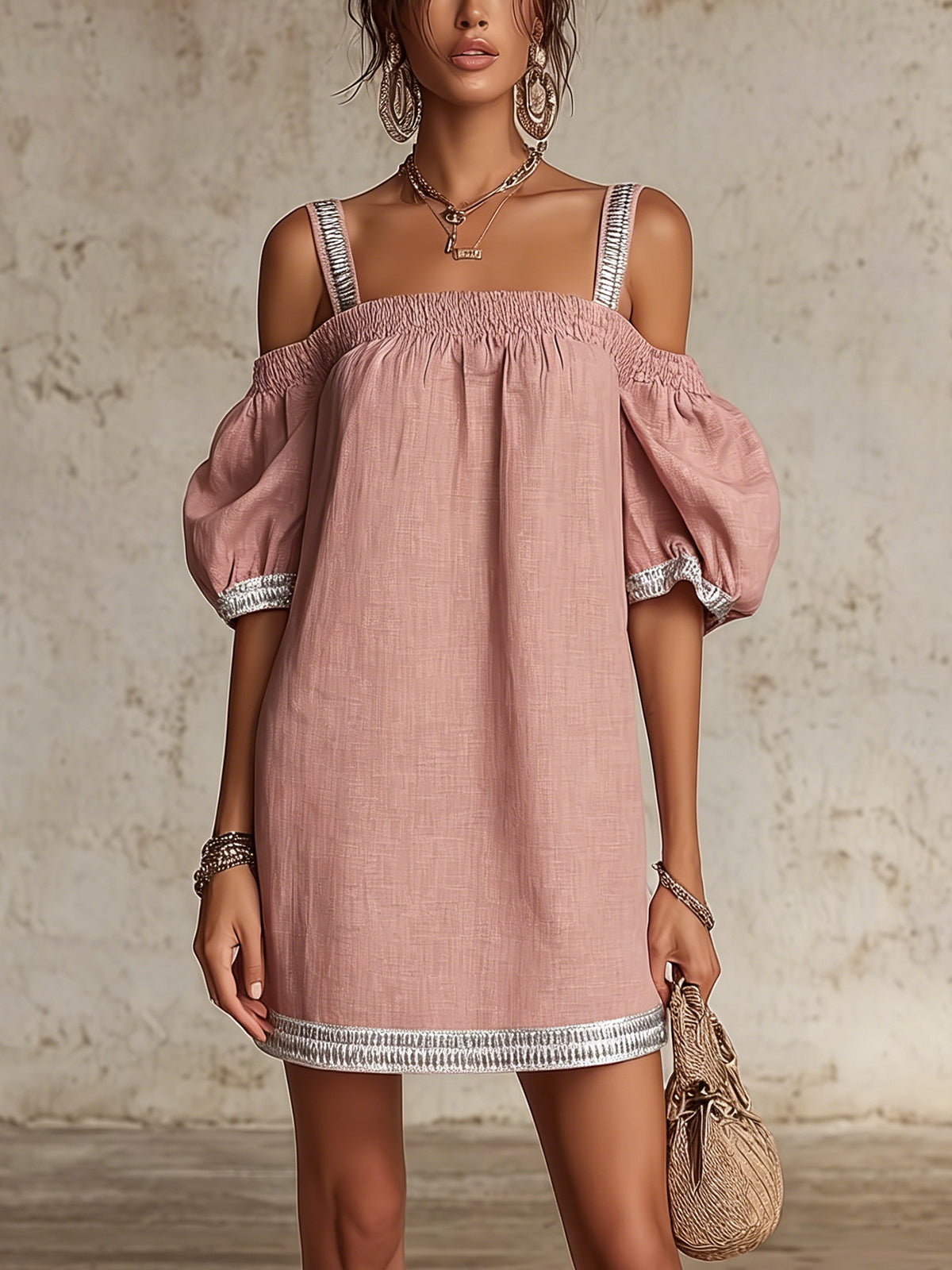 Pink Off-Shoulder Mini Dress With Metallic Trim