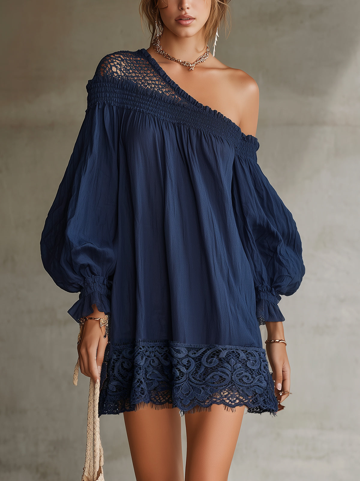 Navy One-Shoulder Lace Trim Mini Dress
