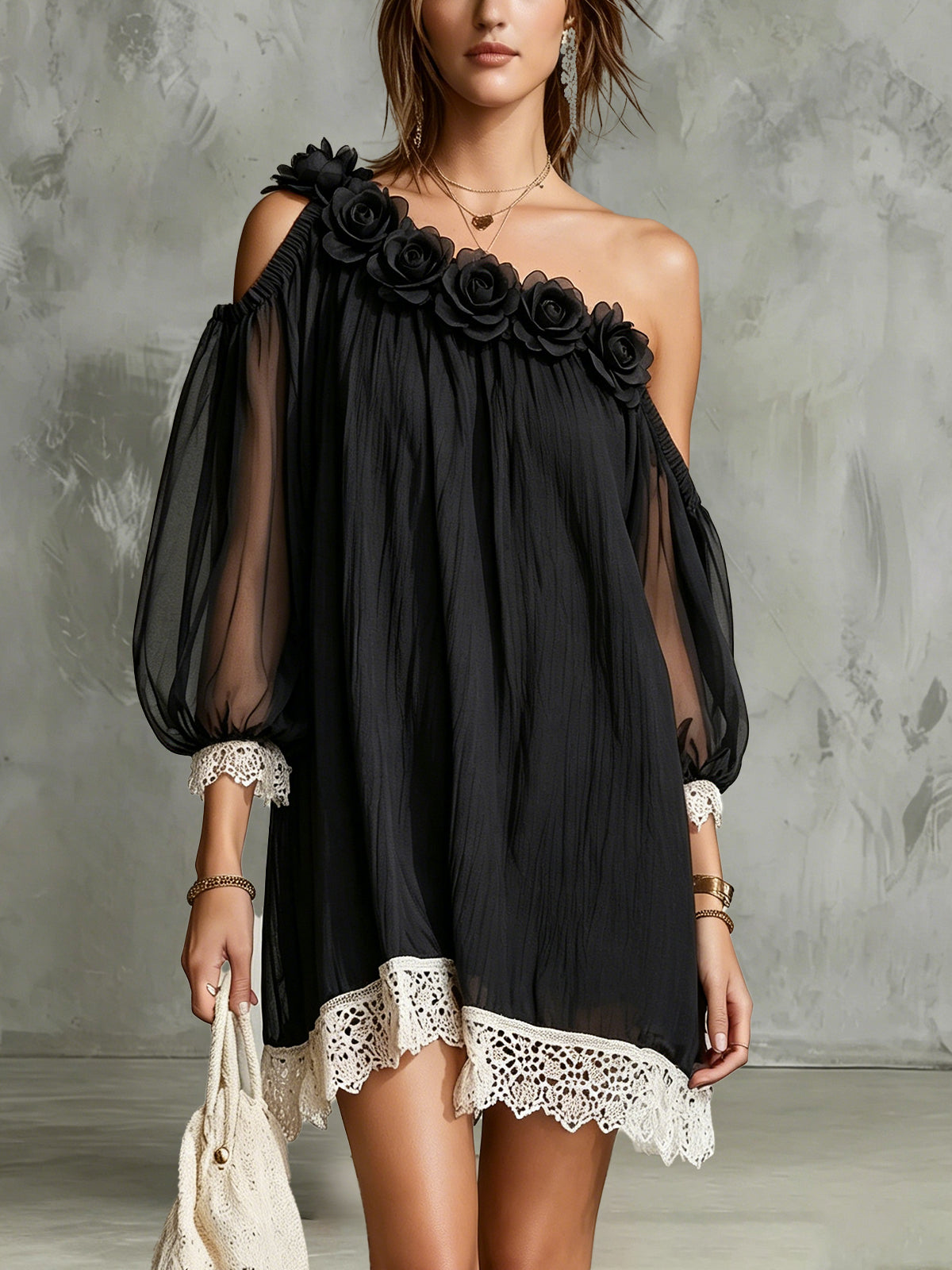 Black One-Shoulder Mini Dress With Floral Appliqué And Lace Hem