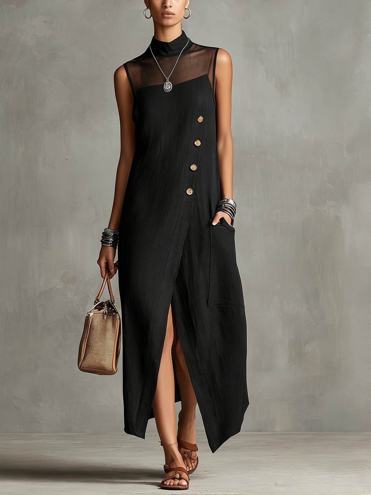 Black Sleeveless Maxi Dress With Sheer Panel And Side Buttons