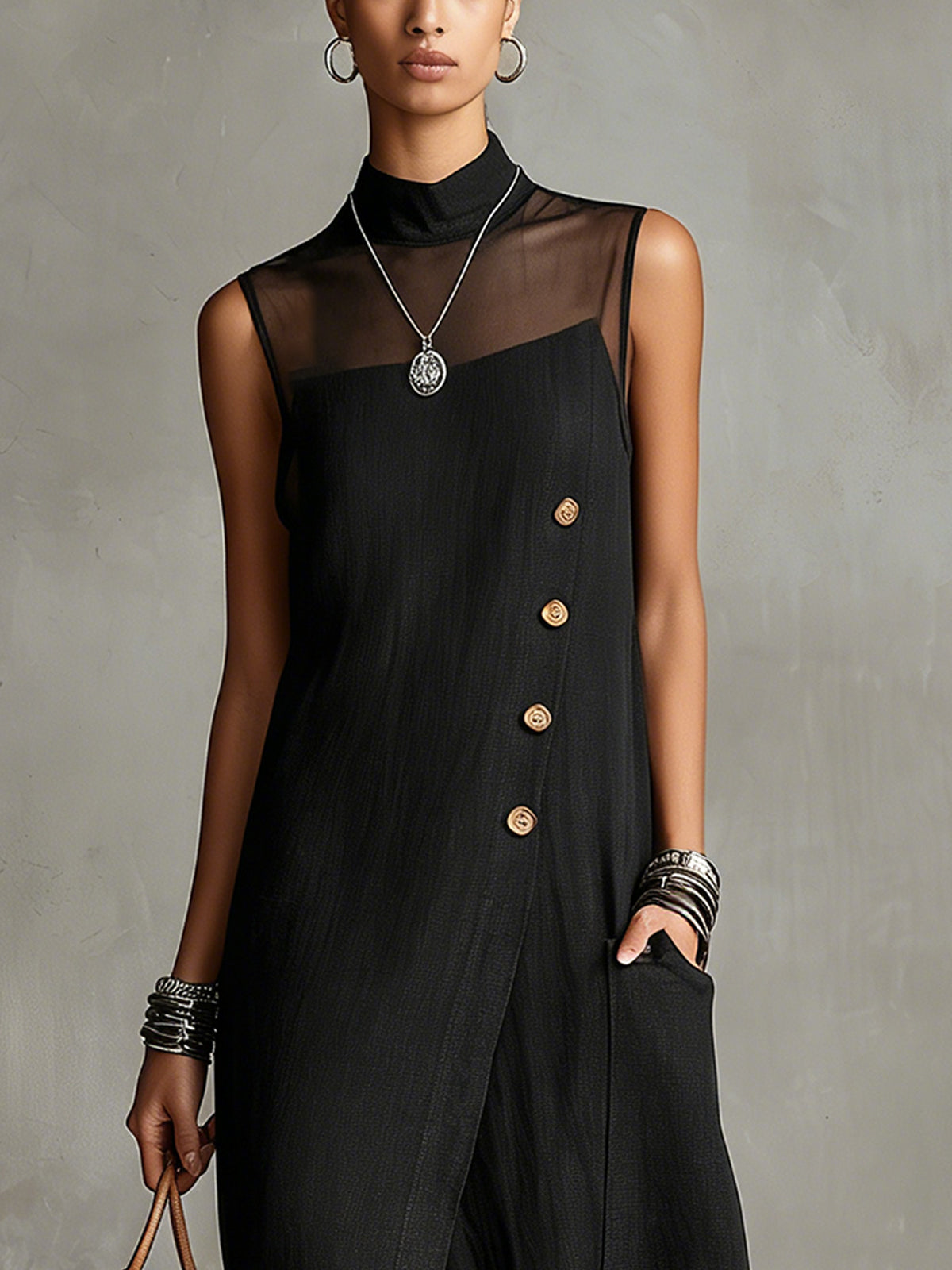 Black Sleeveless Maxi Dress With Sheer Panel And Side Buttons