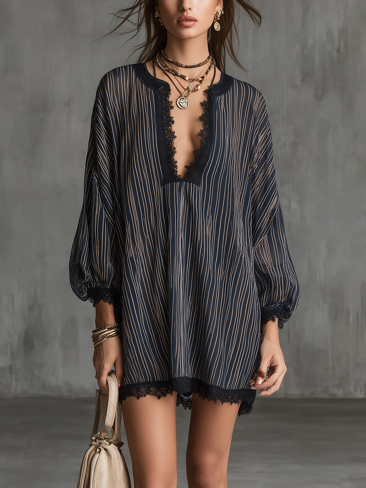 Triped Navy Mini Dress With Lace Trim