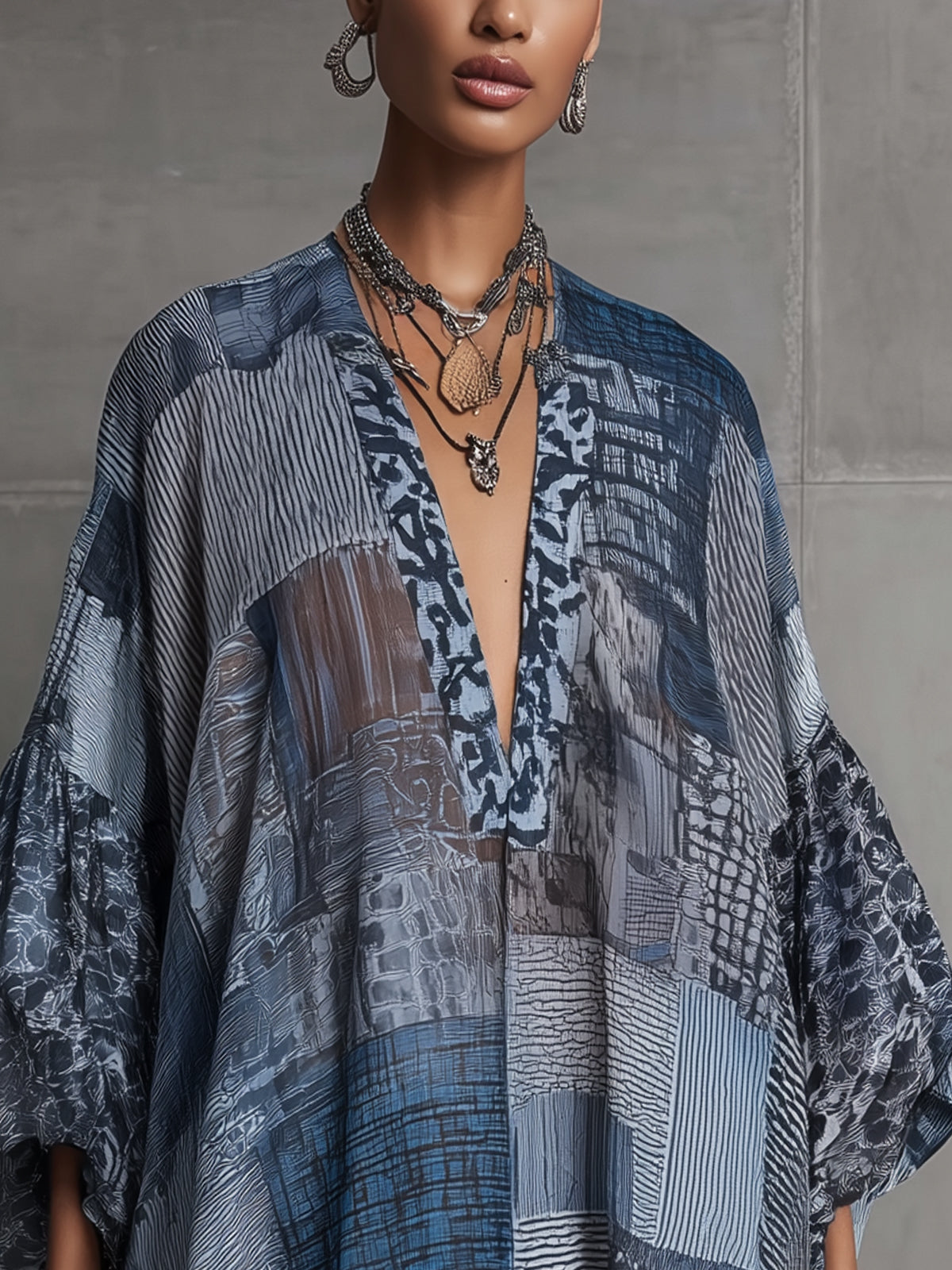Blue Printing Deep V-Neck Mini Dress