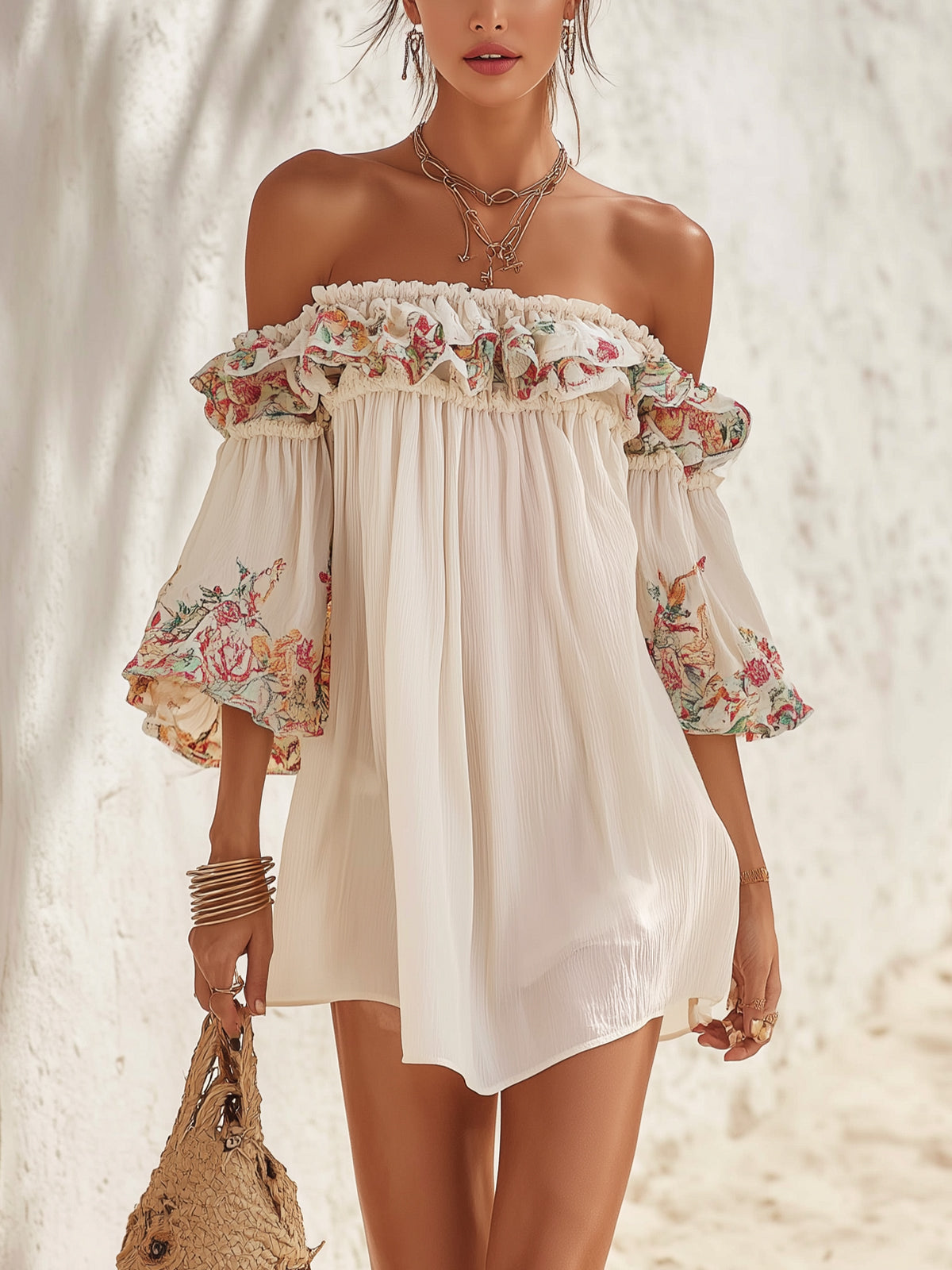 White Off-Shoulder Mini Dress With Floral Ruffle Detail