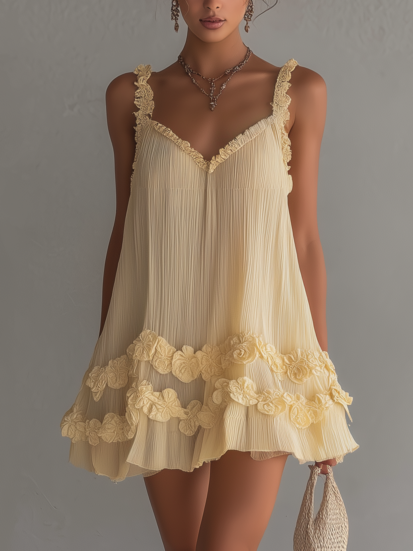 Pale Yellow Chiffon Mini Dress With 3D Floral Trim And Sleeveless