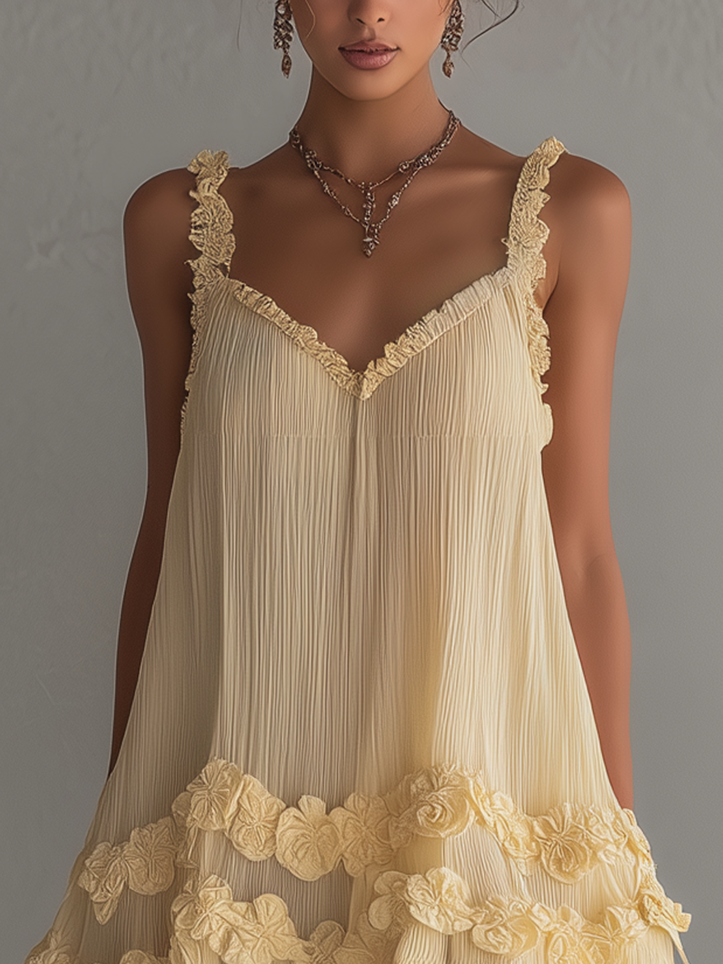 Pale Yellow Chiffon Mini Dress With 3D Floral Trim And Sleeveless