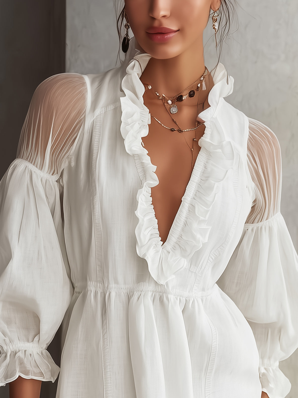 White Deep V-Neck Ruffled Mini Dress With Sheer Sleeves