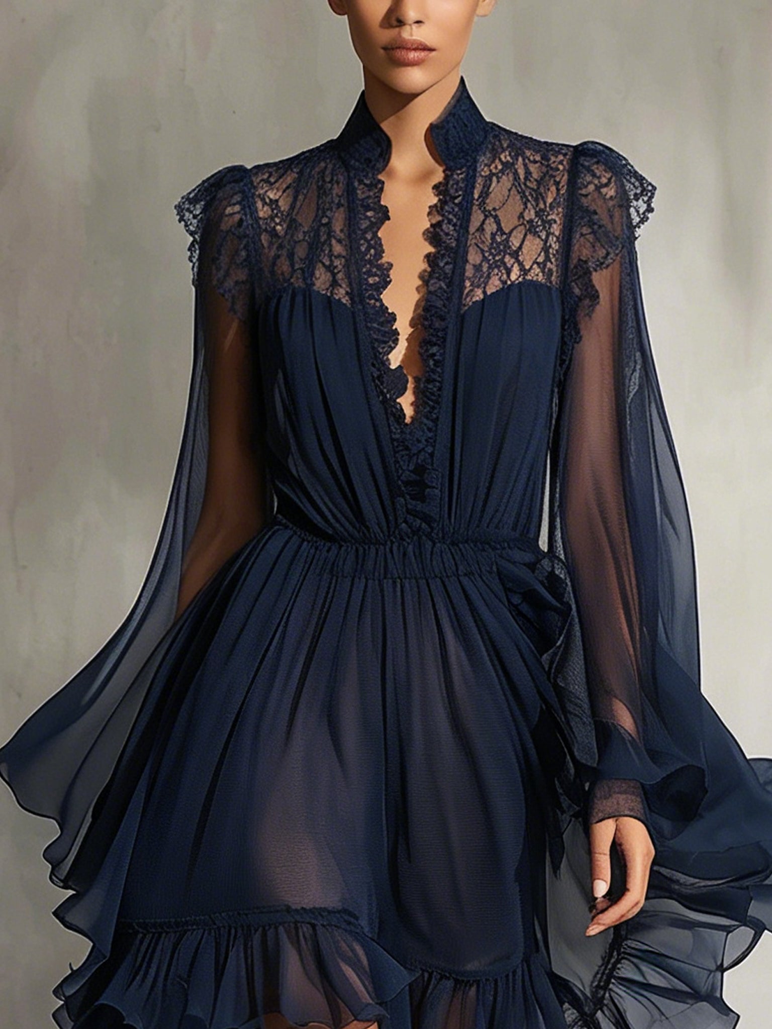 Blue Lace Trim Chiffon Long Sleeve Mini Dress