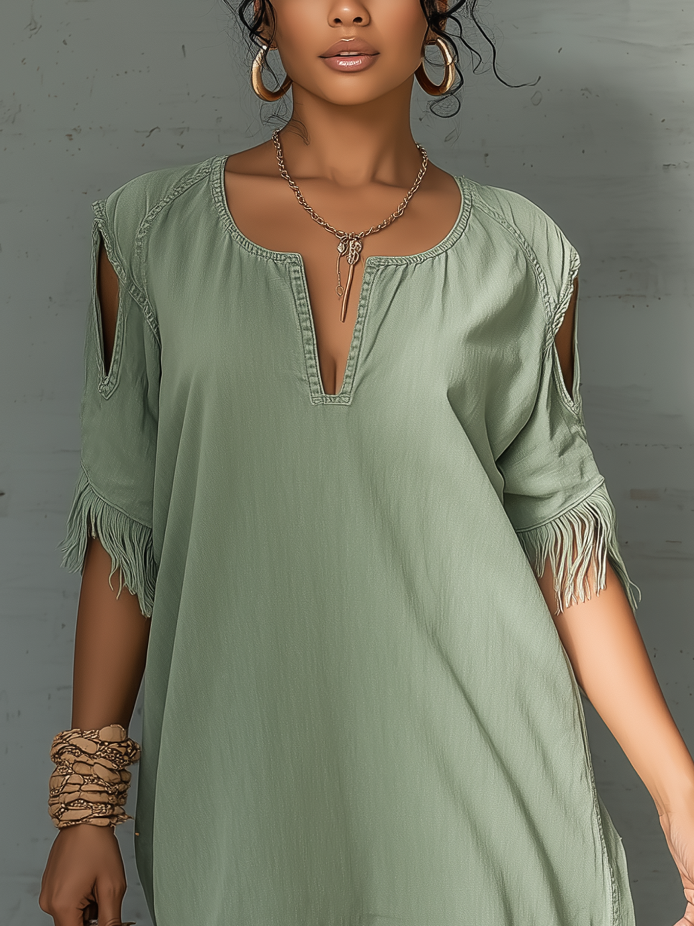 Green Denim Fringe Cold Shoulder Mini Dress