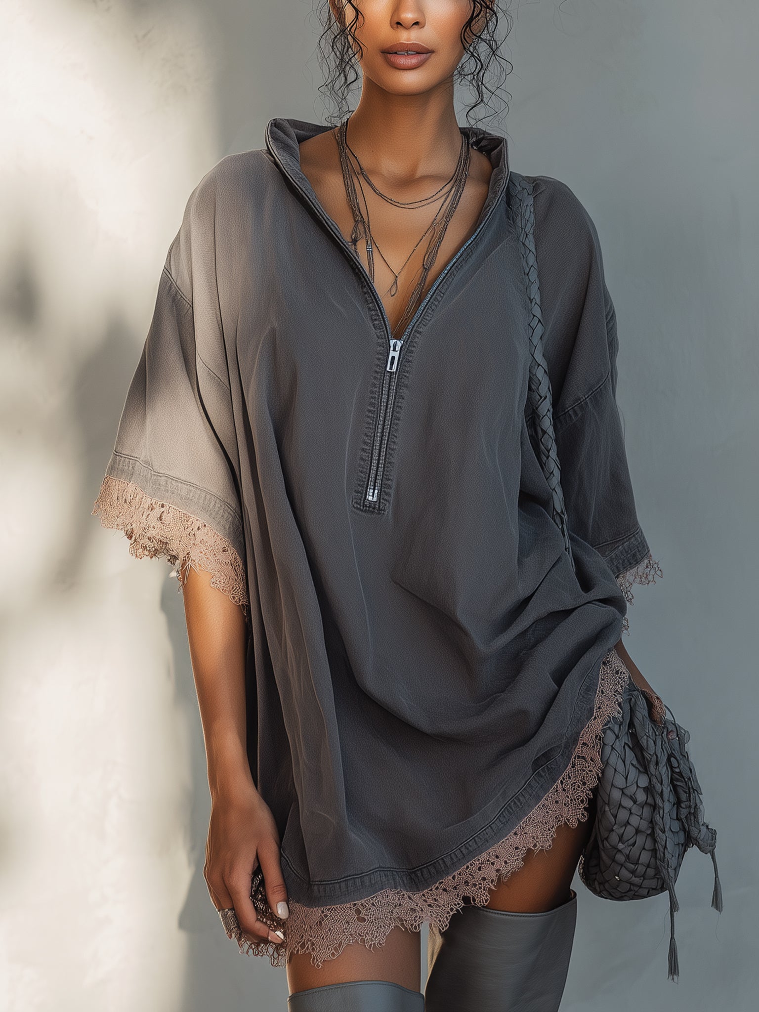 Gray Washed Cotton Half Zip Mini Dress