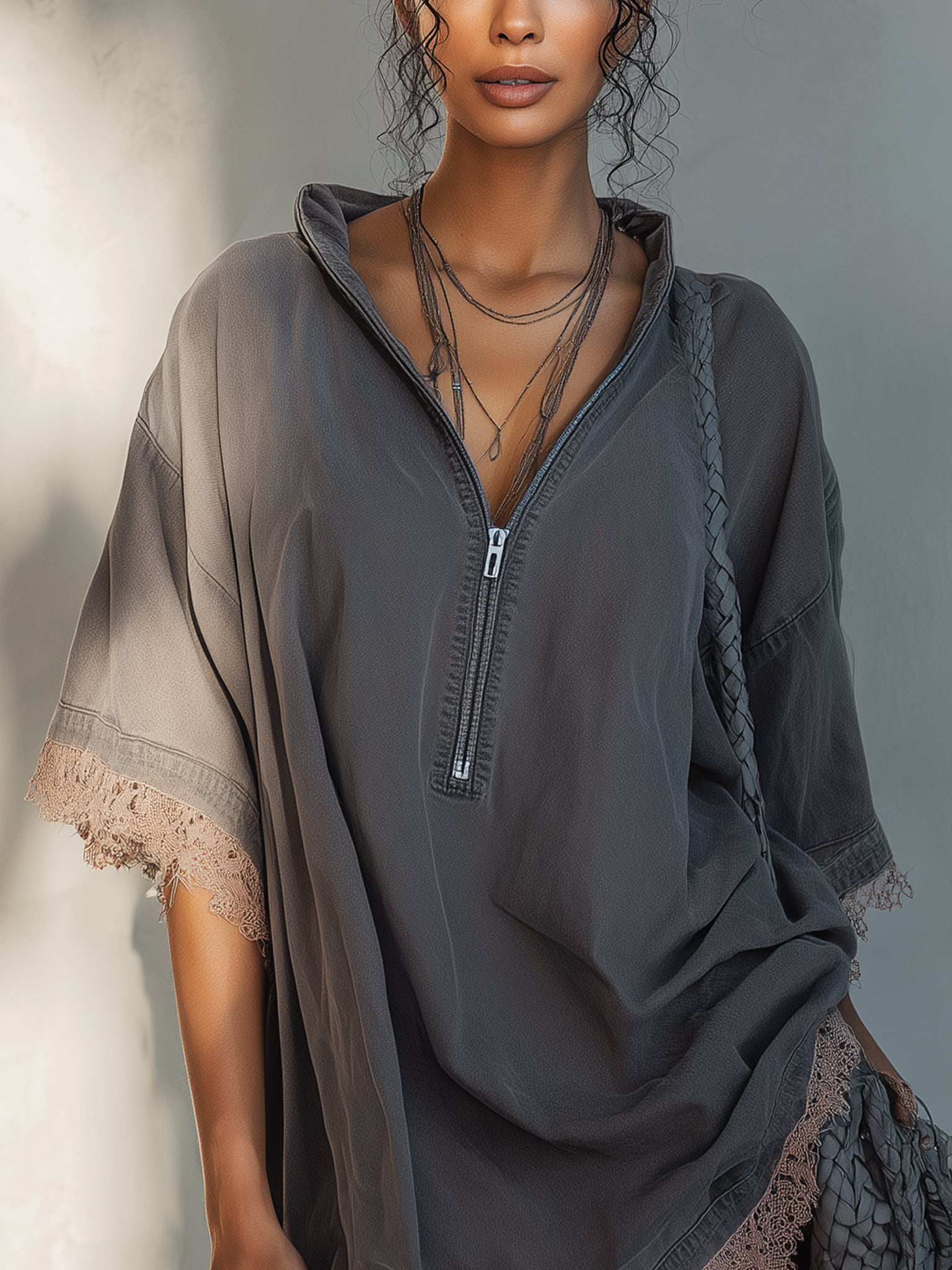 Gray Washed Cotton Half Zip Mini Dress