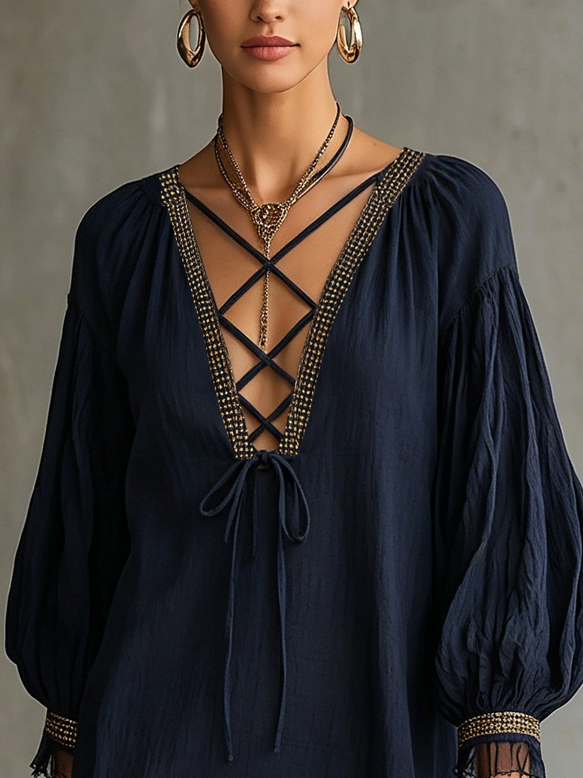Navy Long-Sleeve Mini Dress With Webbing Deep V-Neck