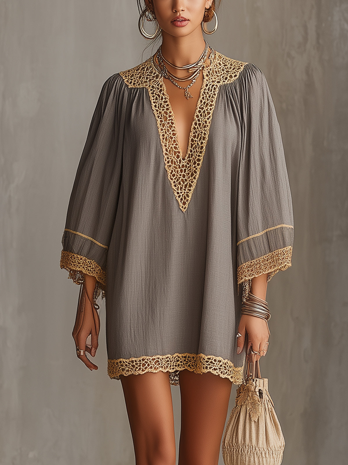 Gray V-Neck Mini Dress With Golden Crochet Trim
