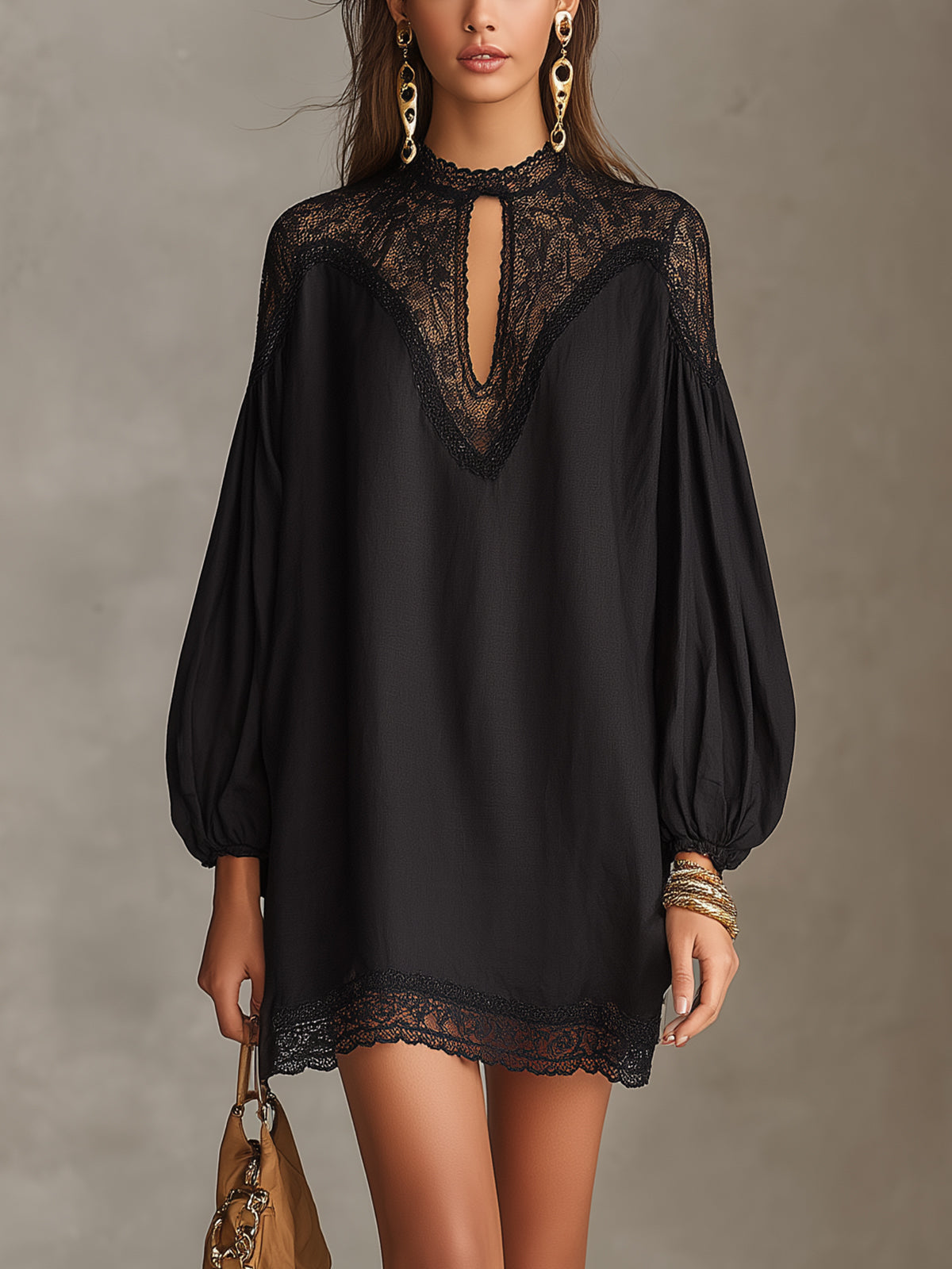 Black Lace High-Neck Mini Dress With Balloon Sleeves