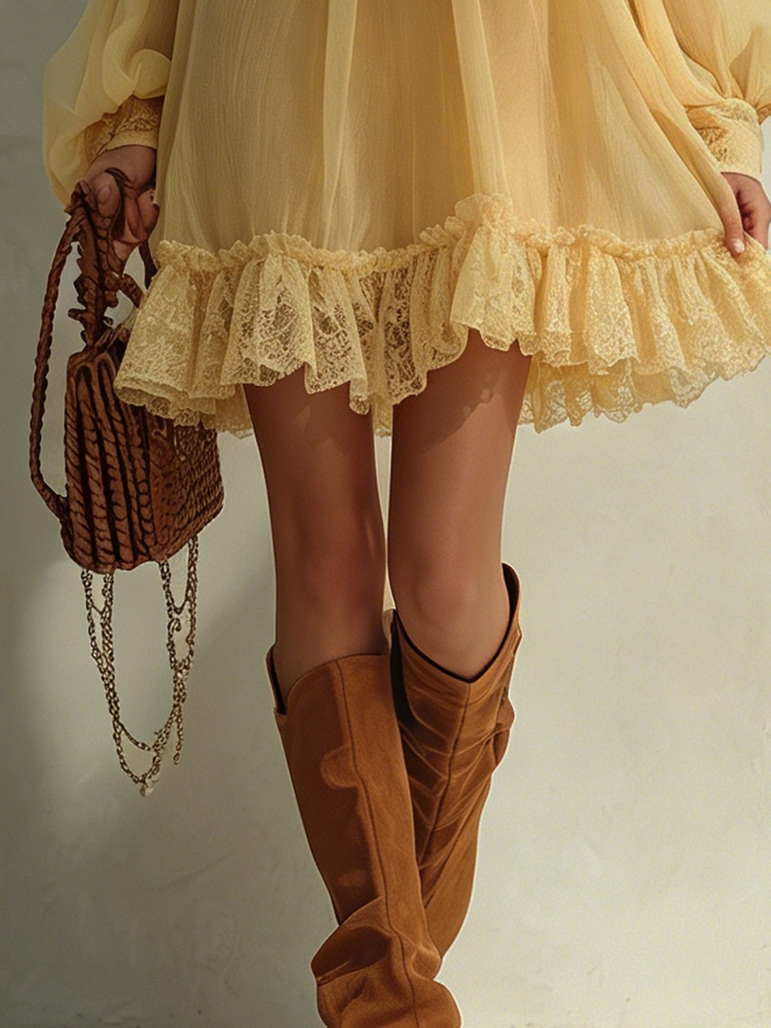 Lemon Chiffon Mini Dress With Lace Hem