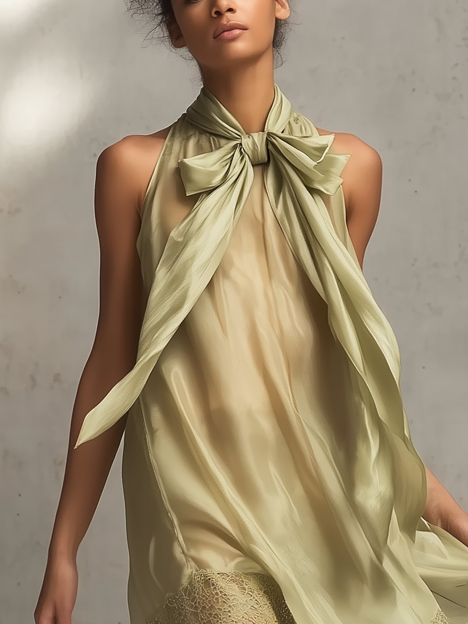 Sage Green Sleeveless Chiffon Tie Neck Mini Dress