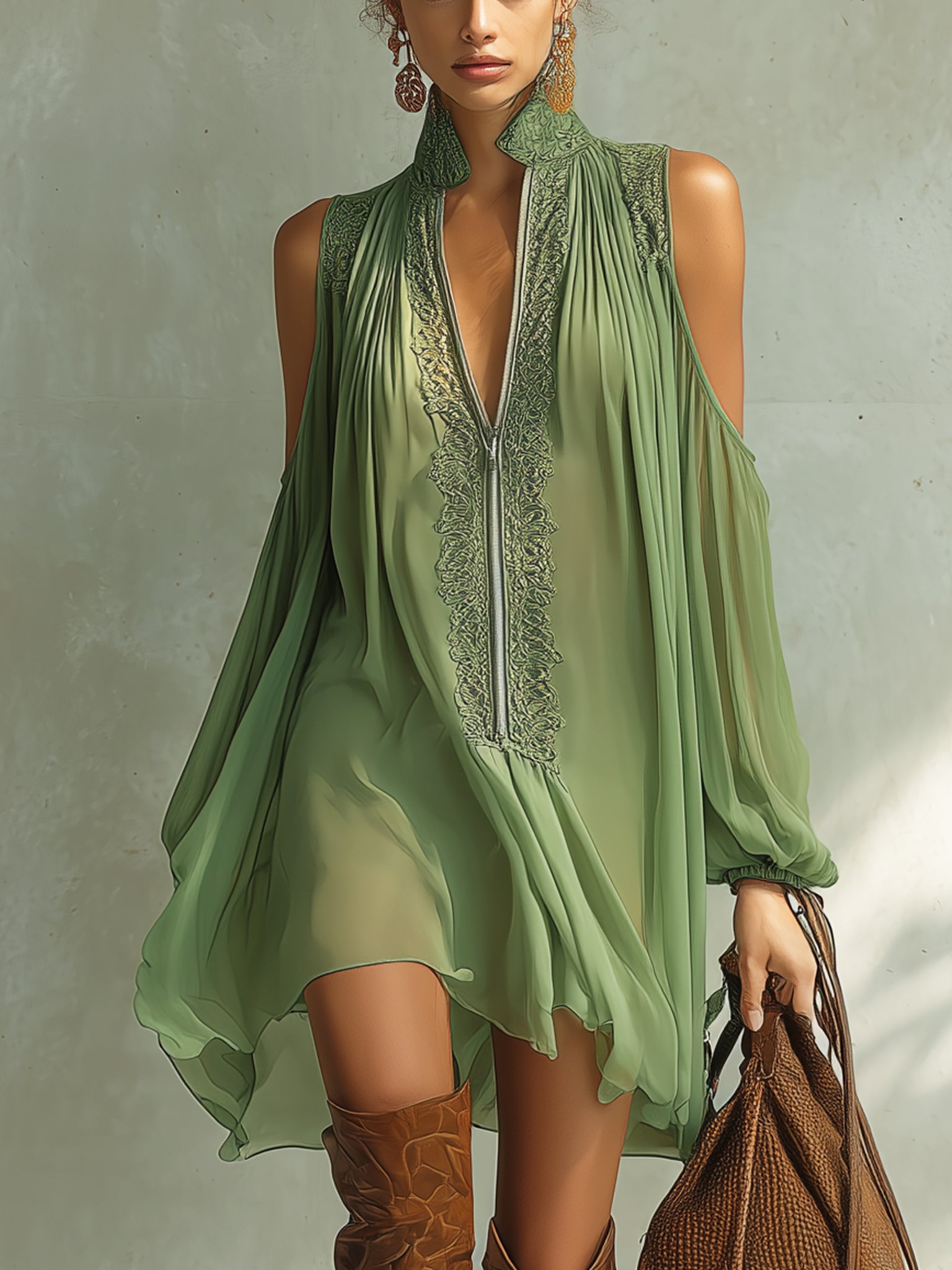 Emerald Lace Trim Zipper Mini Dress