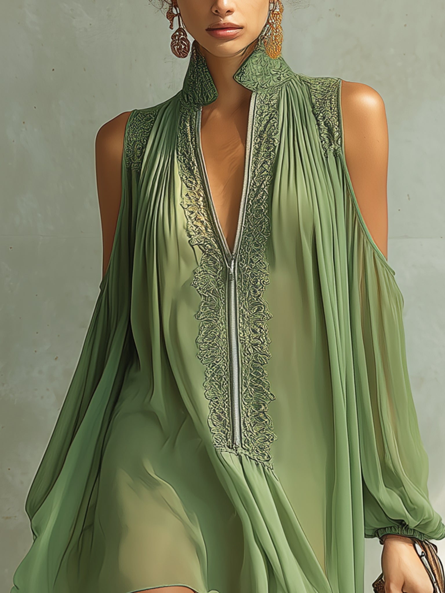 Emerald Lace Trim Zipper Mini Dress