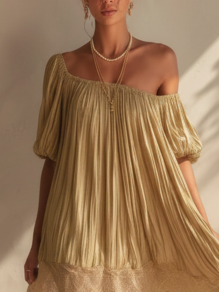 Champagne Pleated Lace Hem Mini Dress