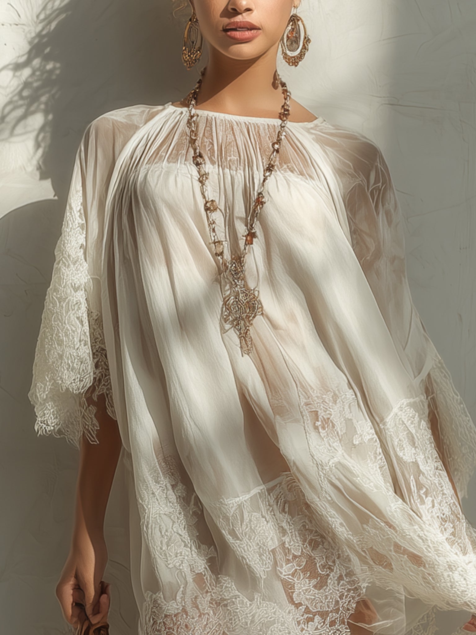 Cream Lace And Chiffon Mini Dress