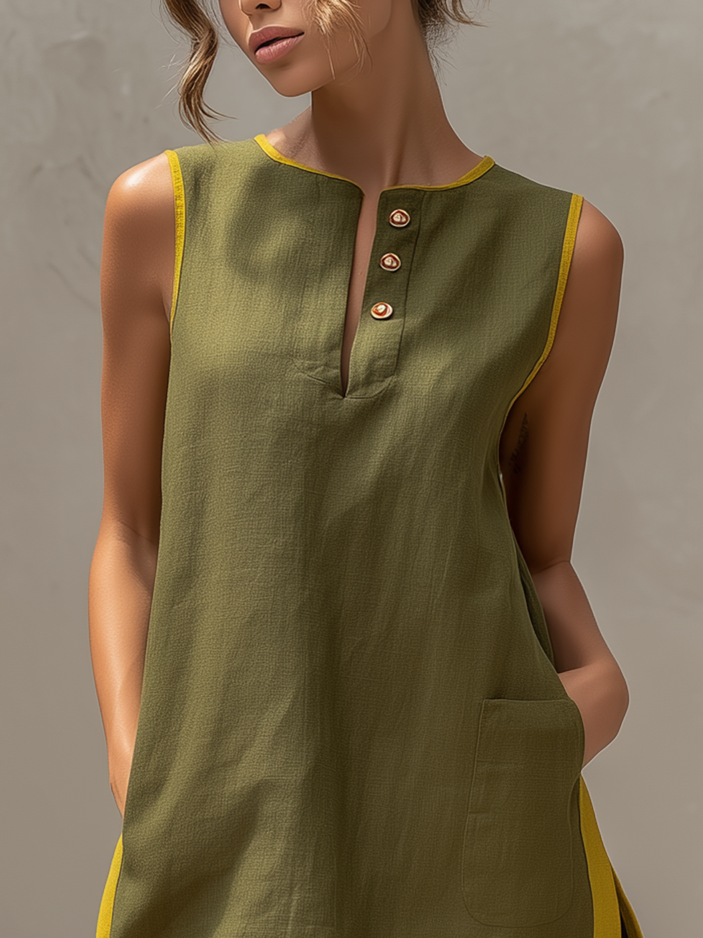 Olive Green Sleeveless Cotton-Linen Colorblock Mini Dress With Yellow Trim