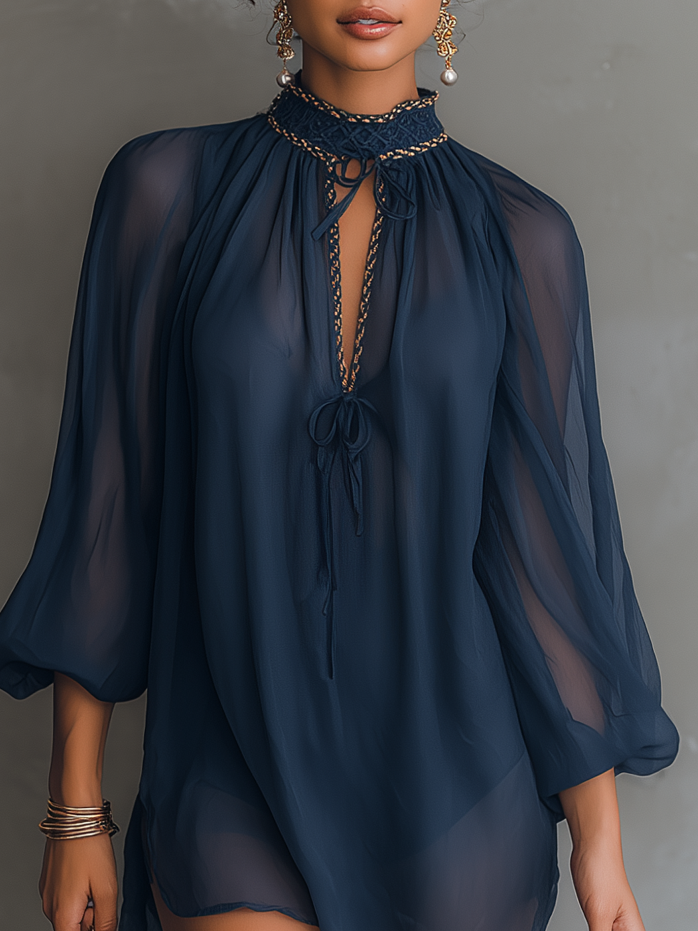 Navy Chiffon Mini Dress With Ribbon Collar And Sheer Balloon Sleeves