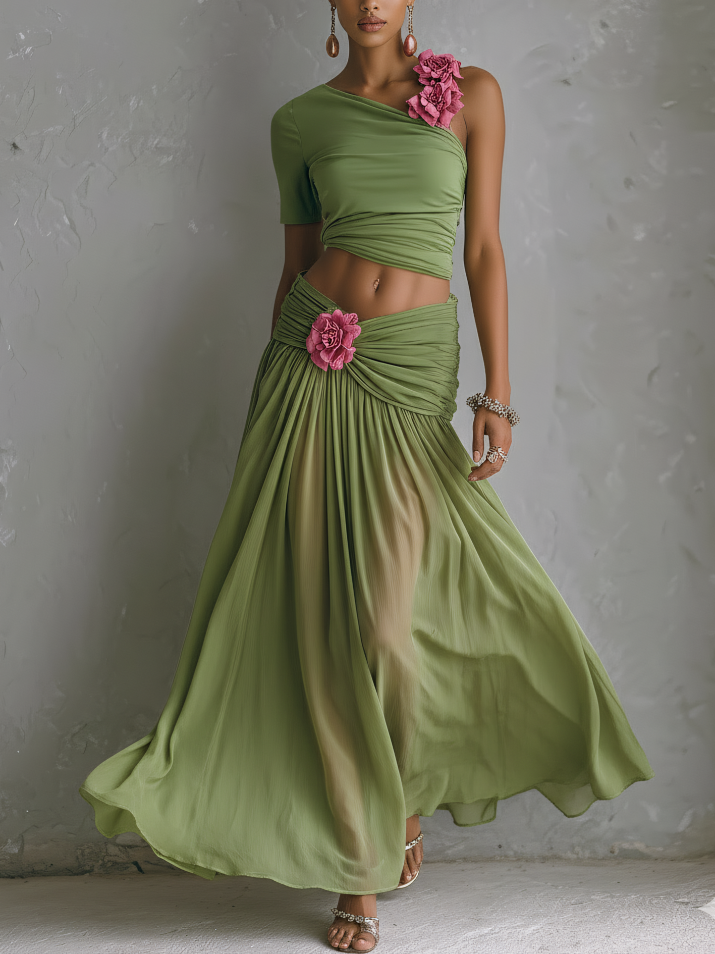 Green One Shoulder 3D Floral Chiffon Patchwork Top And Skirt Set