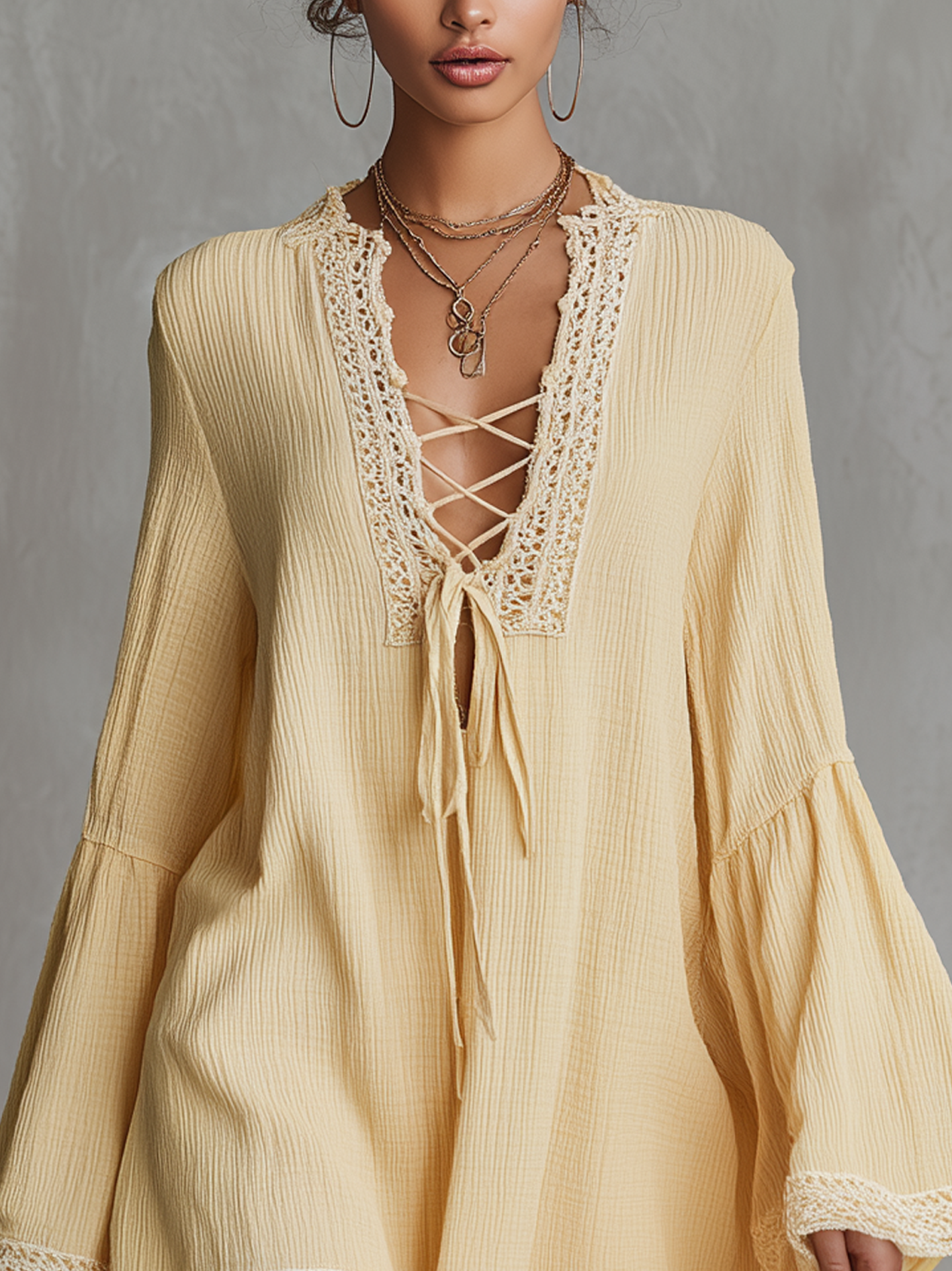 Light Yellow Textured Lace Trim Mini Dress With Tie Front And Flared Sleeves
