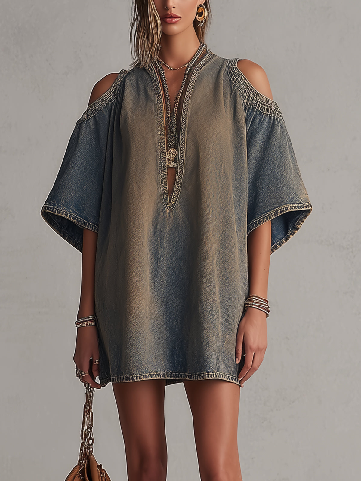 Washed Denim Cold Shoulder Mini Dress With Deep V-Neck