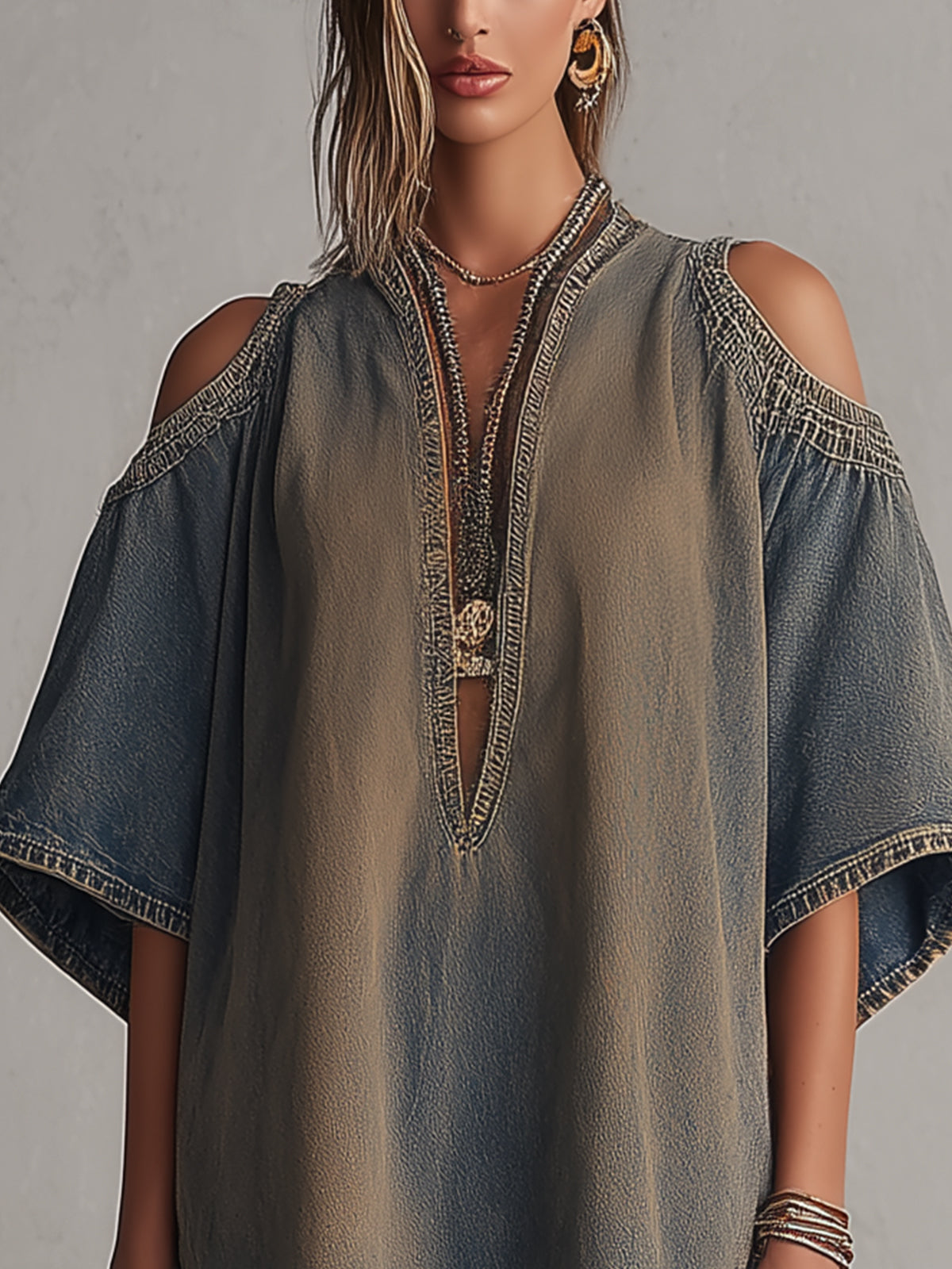 Washed Denim Cold Shoulder Mini Dress With Deep V-Neck