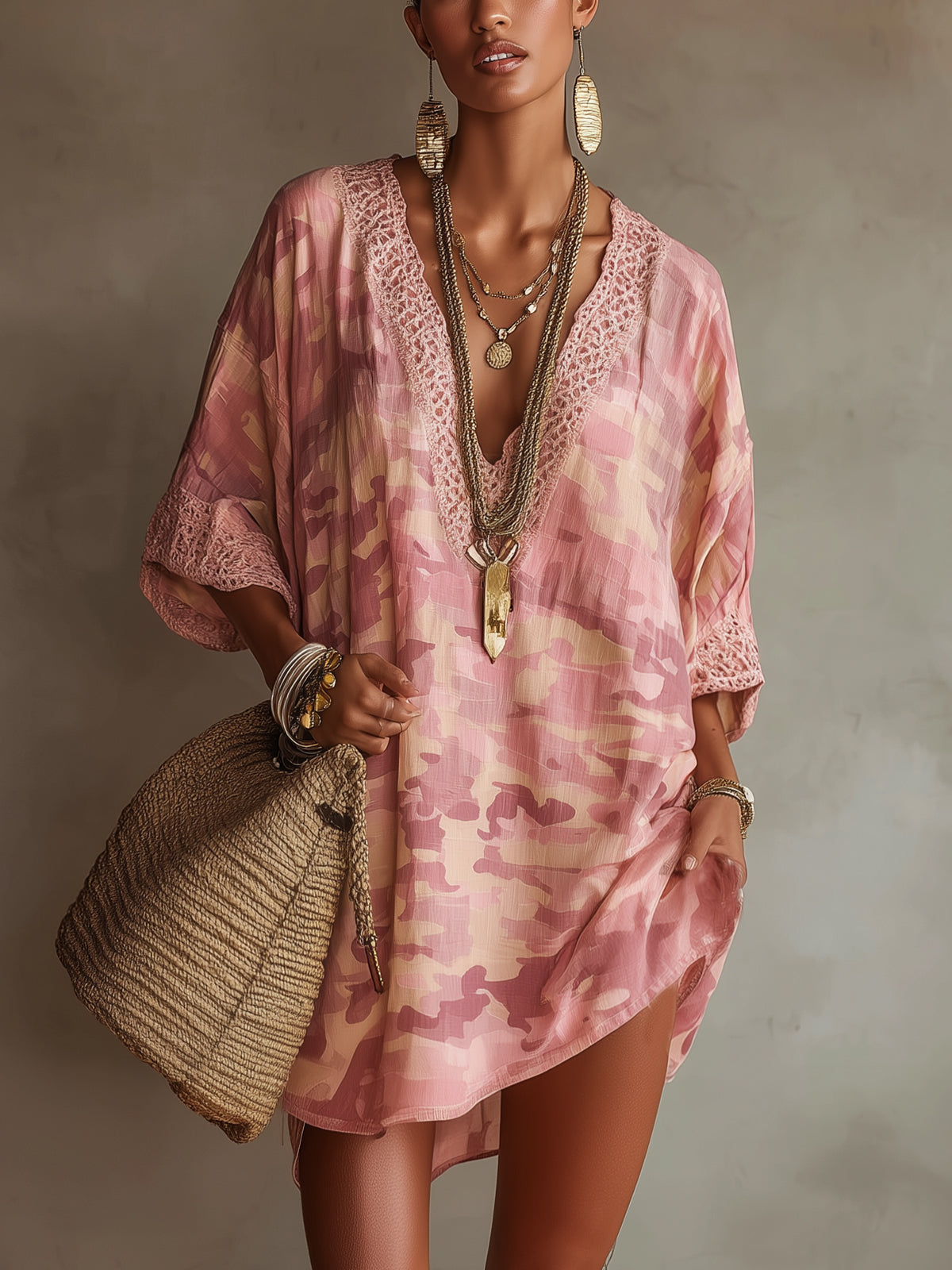 Pink Camouflage V-Neck Mini Dress With Crochet Trim