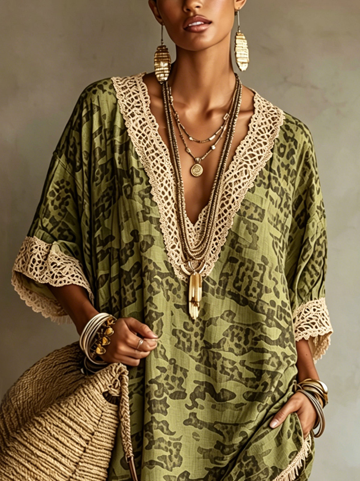 Olive Camo V-Neck High-Low Mini Dress With Crochet Trim
