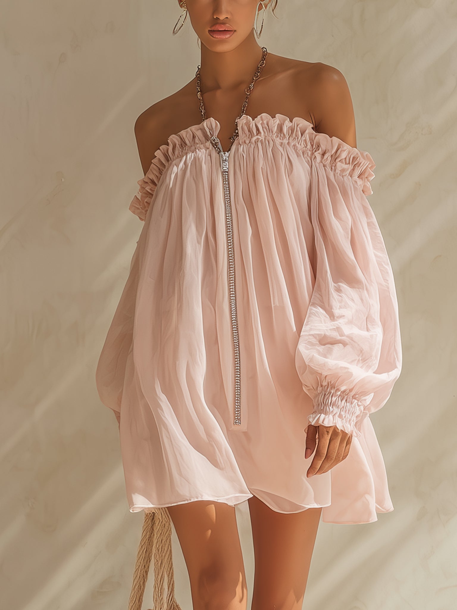 Pink Off Shoulder Convertible Halter Chiffon Mini Dress