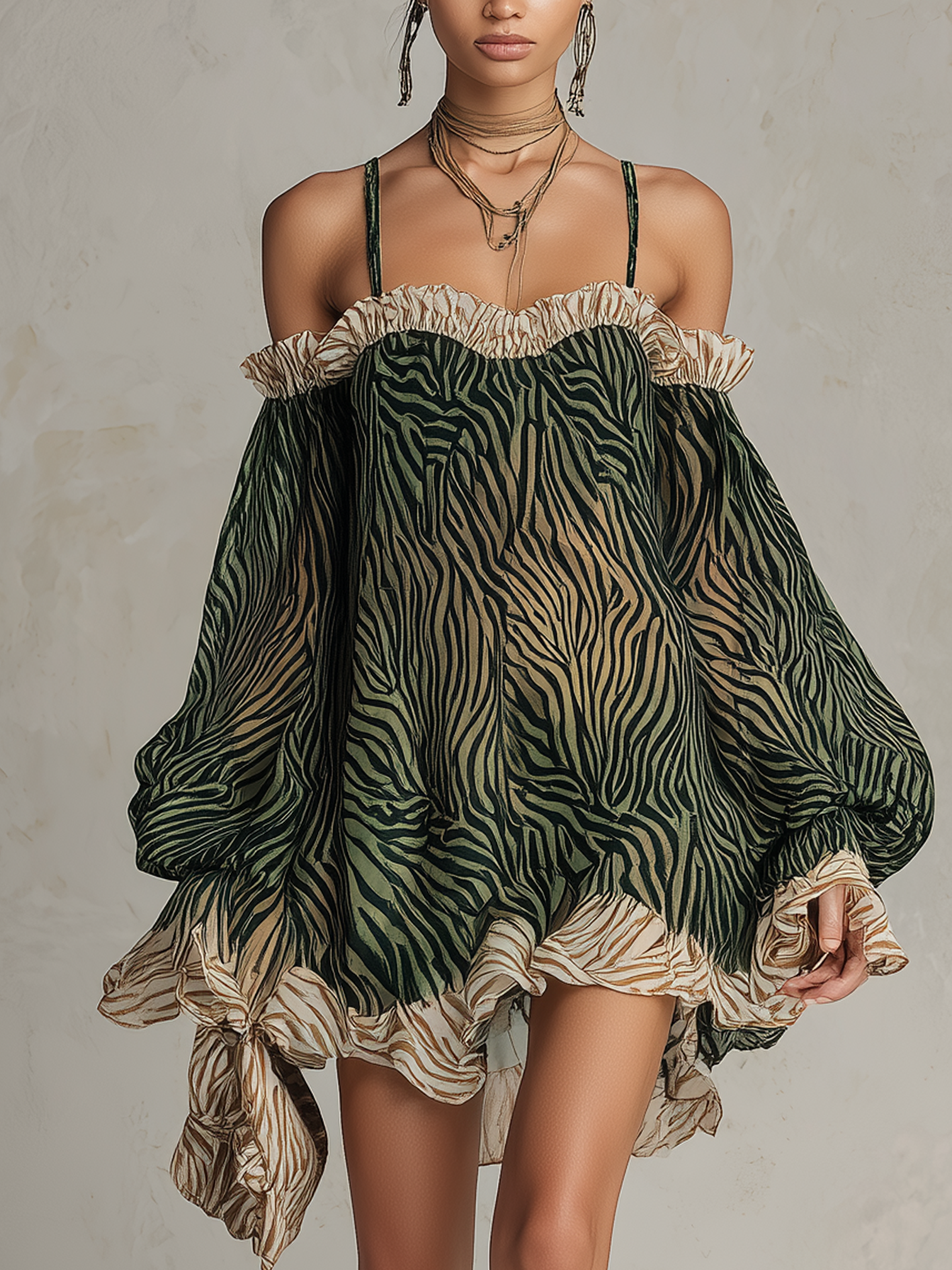 Green Zebra Print Colorblock Chiffon Off Shoulder Mini Dress
