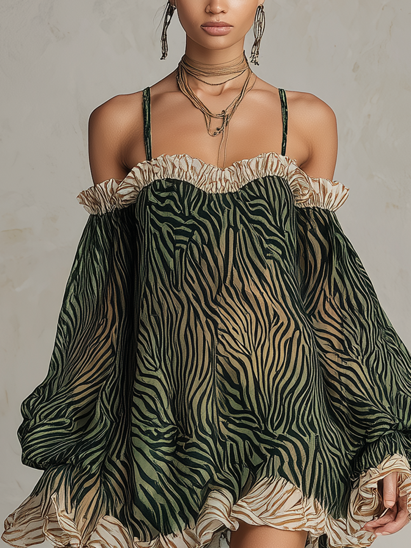 Green Zebra Print Colorblock Chiffon Off Shoulder Mini Dress
