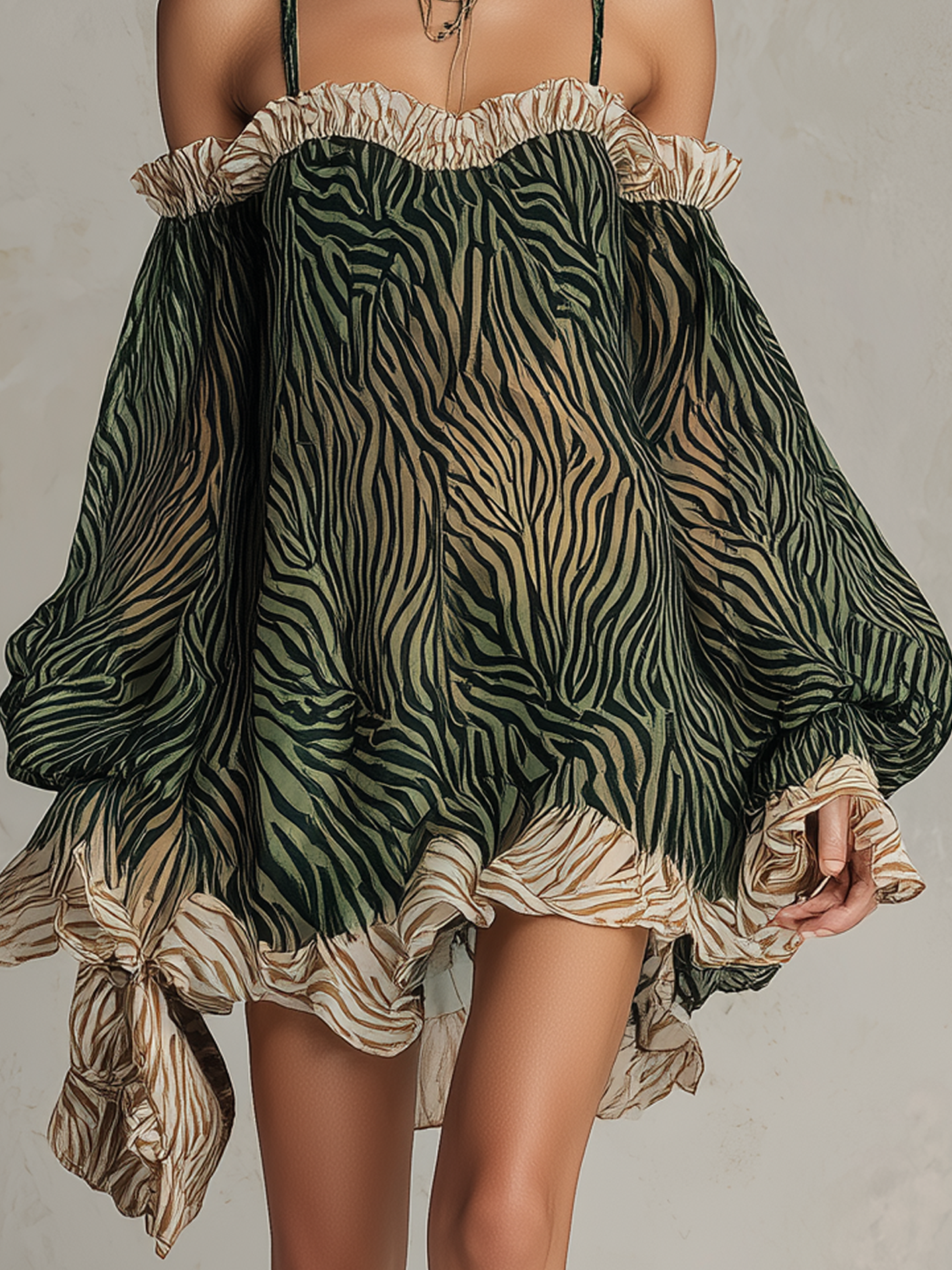 Green Zebra Print Colorblock Chiffon Off Shoulder Mini Dress