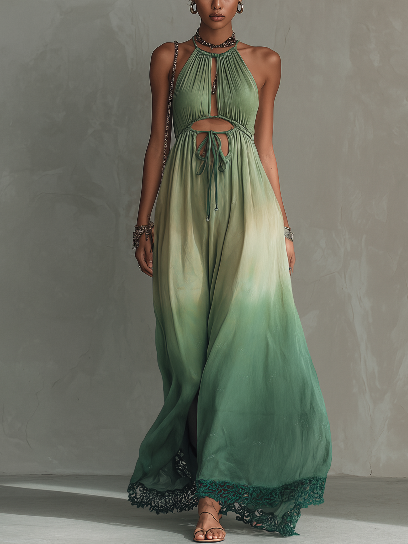 Gradient Green Cotton Linen Lace Cutout Maxi Dress