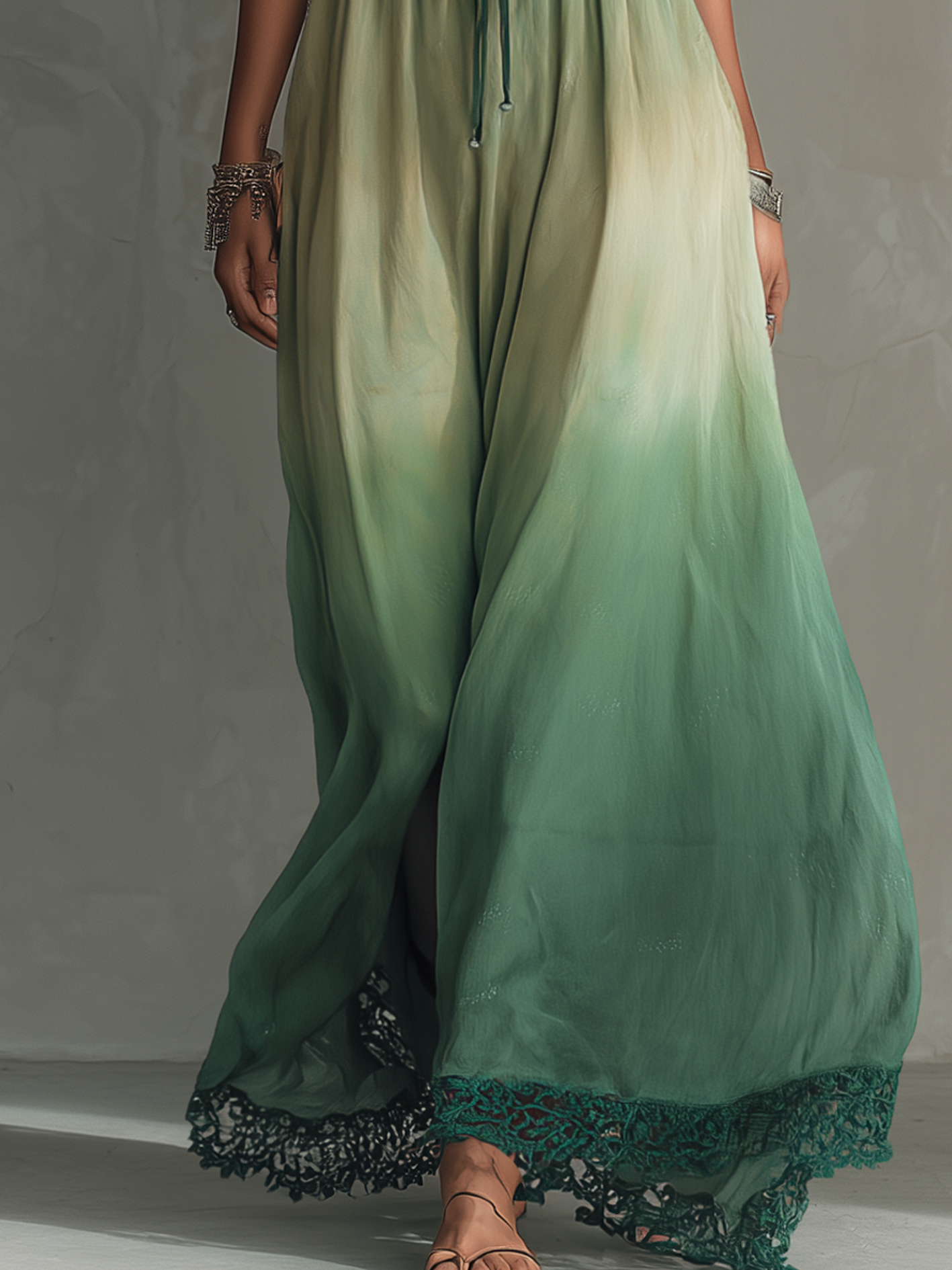 Gradient Green Cotton Linen Lace Cutout Maxi Dress