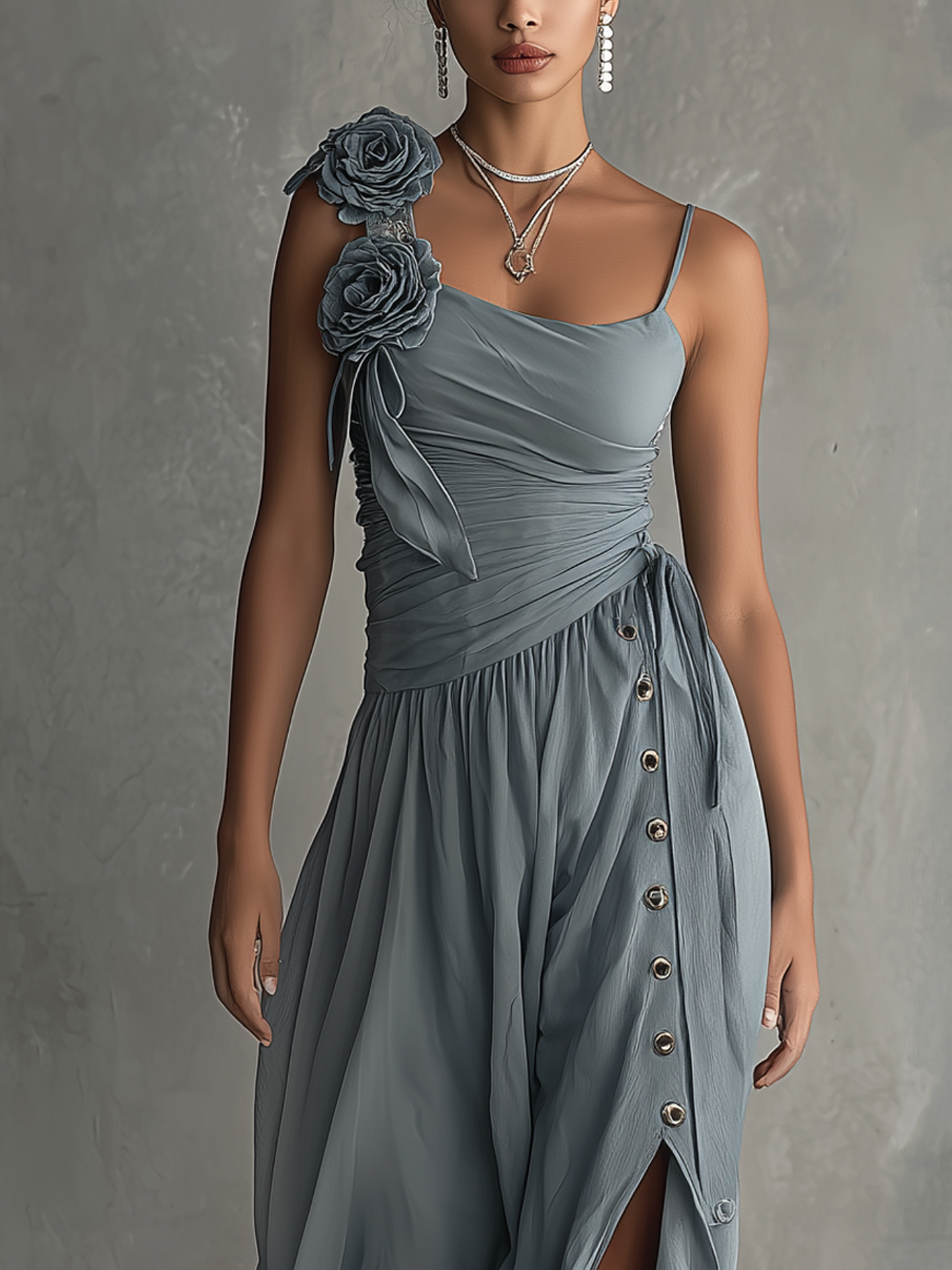 Smoky Blue 3D Floral Side Slit Chiffon Maxi Dress