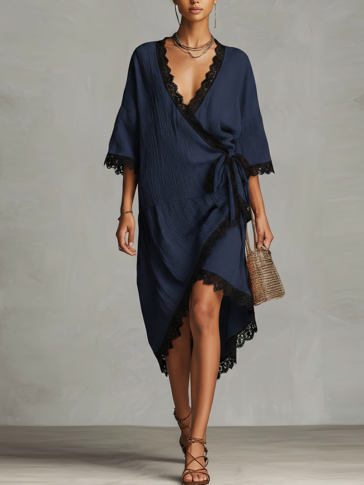Navy Textured Lace Trim Wrap Midi Dress With Asymmetrical Hem