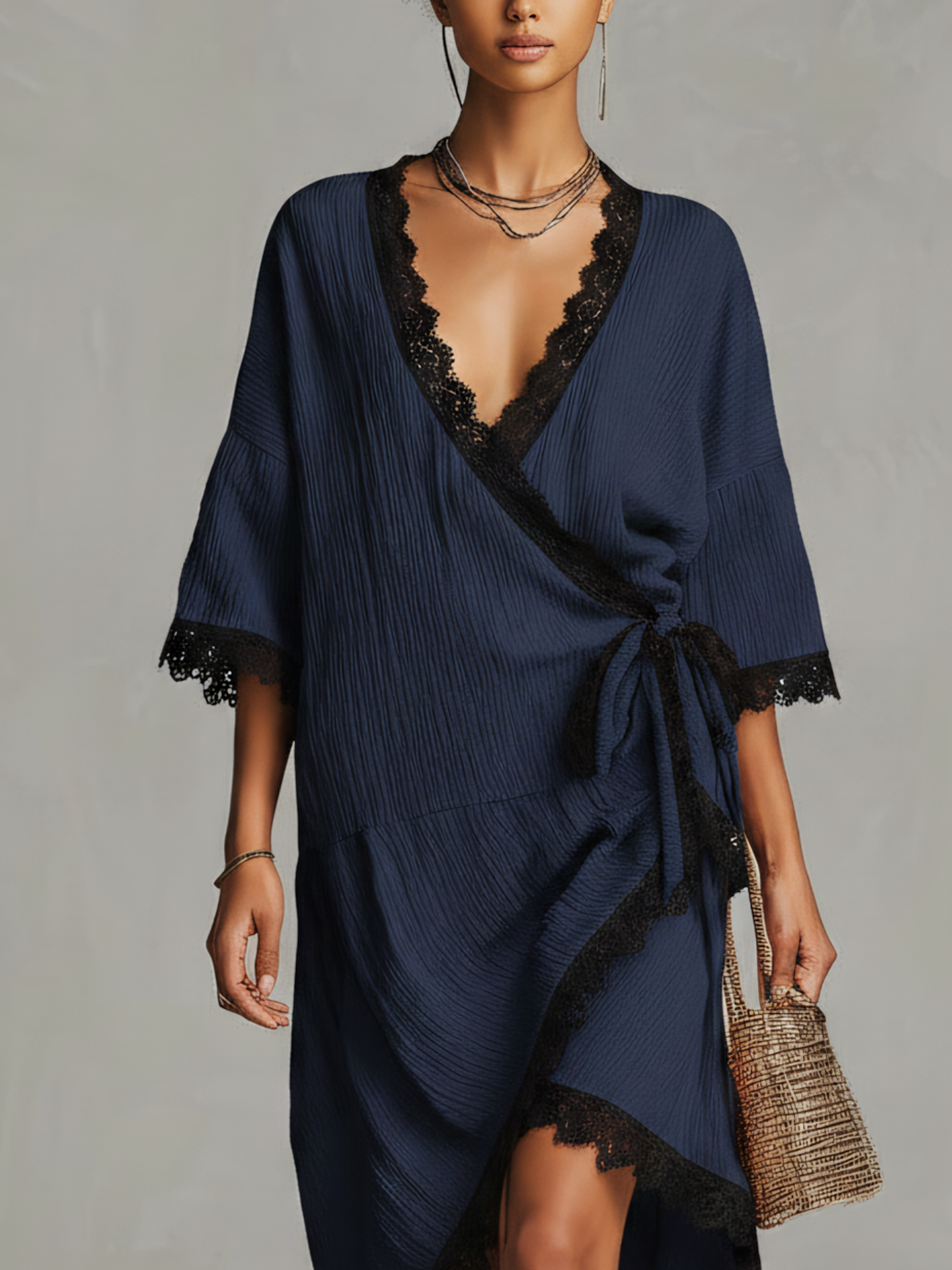 Navy Textured Lace Trim Wrap Midi Dress With Asymmetrical Hem